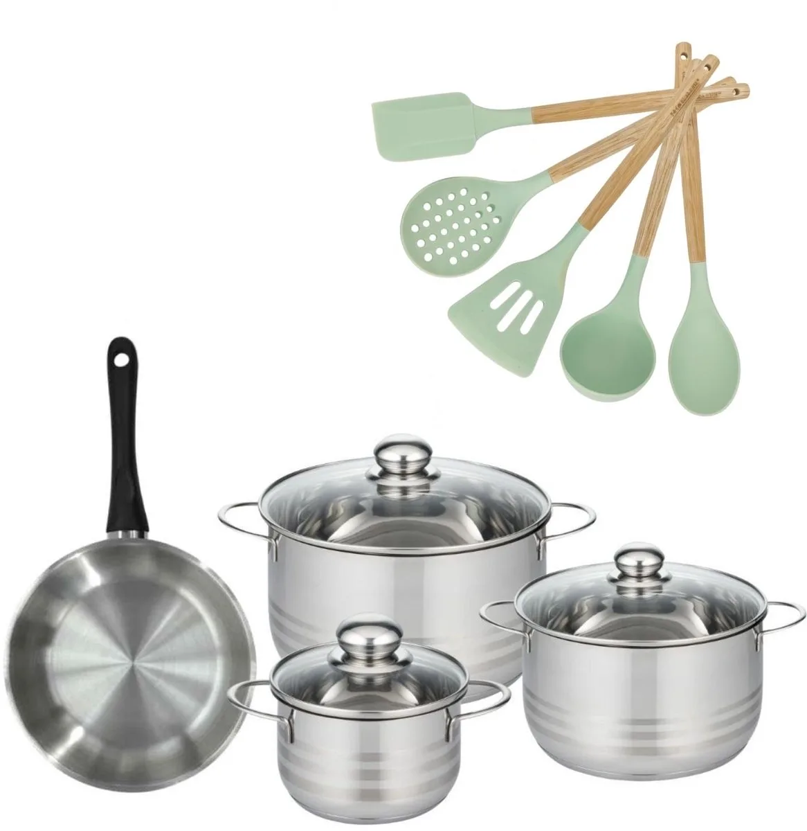 Set Koekenpan 20cm Fackelmann Genève en 3 Kookpannen 16/20/24cm Fackelmann Genève met 5 Ocean keukengerei van Fackelmann in Roestvrij staal, Zwart – productfoto