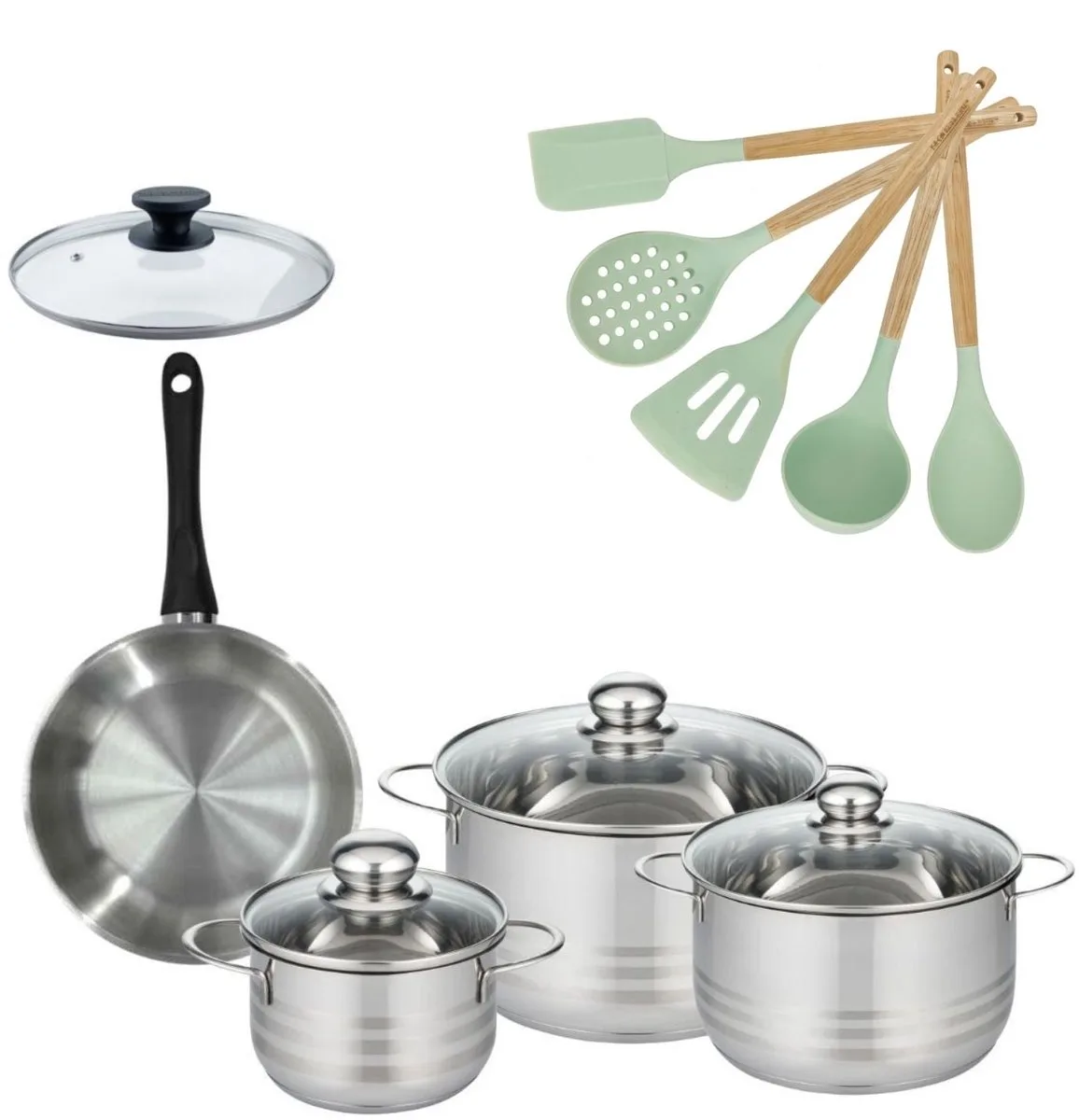 Set Koekenpan 20cm met deksel en 3 Kookpotten 16/20/24cm Fackelmann Genève met 5 keukengerei Oceaan von Fackelmann in Roestvrij staal, Schwarz – Produktfoto