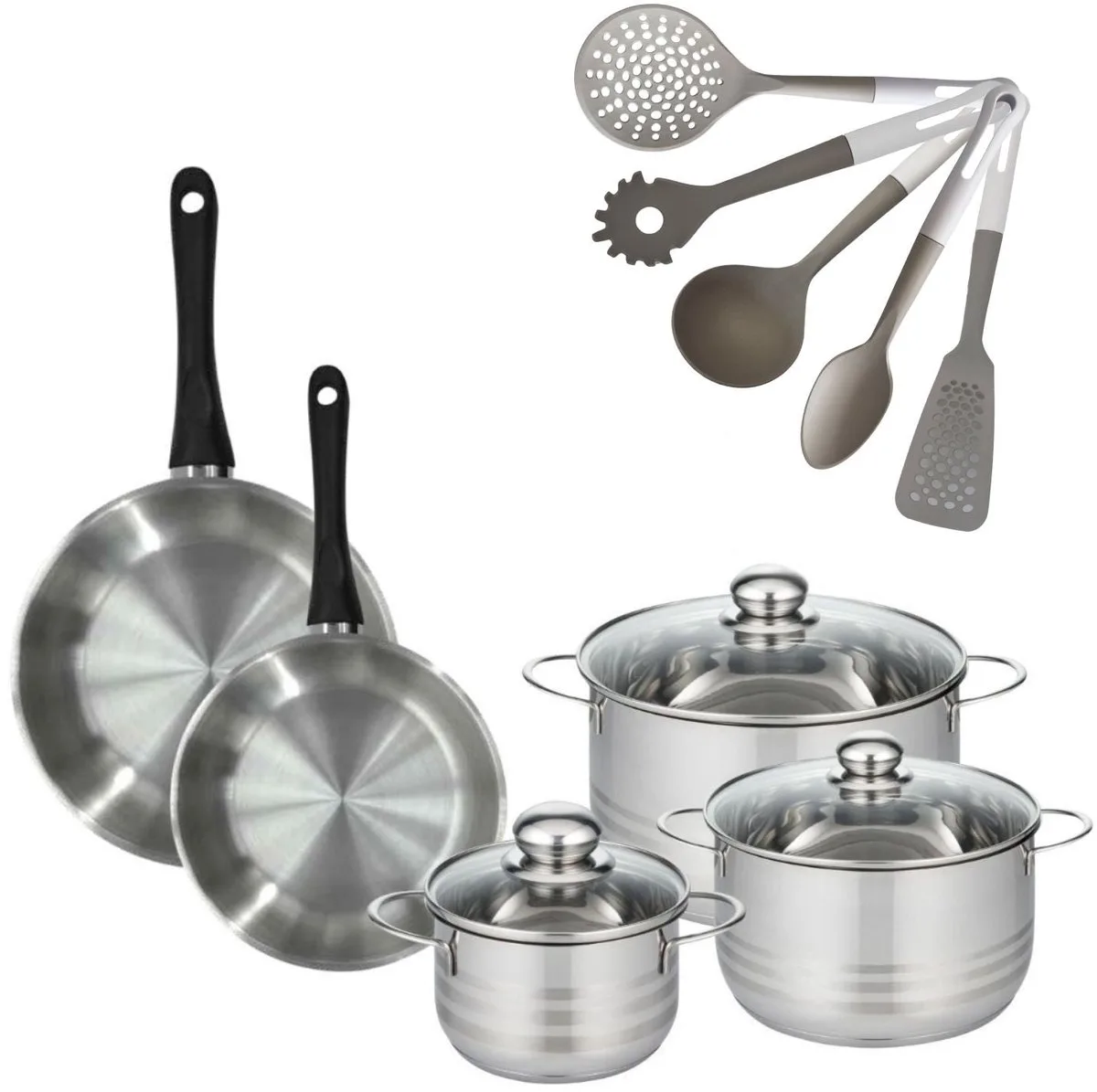 Set Koekenpan 24/28 cm Fackelmann Geneva met 3 Kookpotten 16/20/24 cm en 5 keukengerei fra Fackelmann i Roestvrij staal, Sort – produktbillede