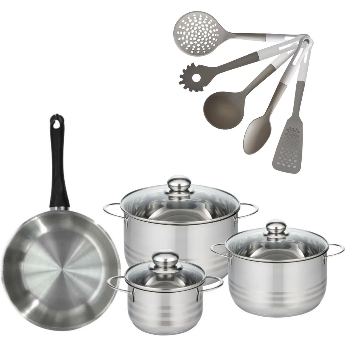 Set Koekenpan 24cm & 3 Kookpannen 16/20/24cm Fackelmann Genève met 5 keukengerei van Fackelmann in Roestvrij staal, Zwart – productfoto