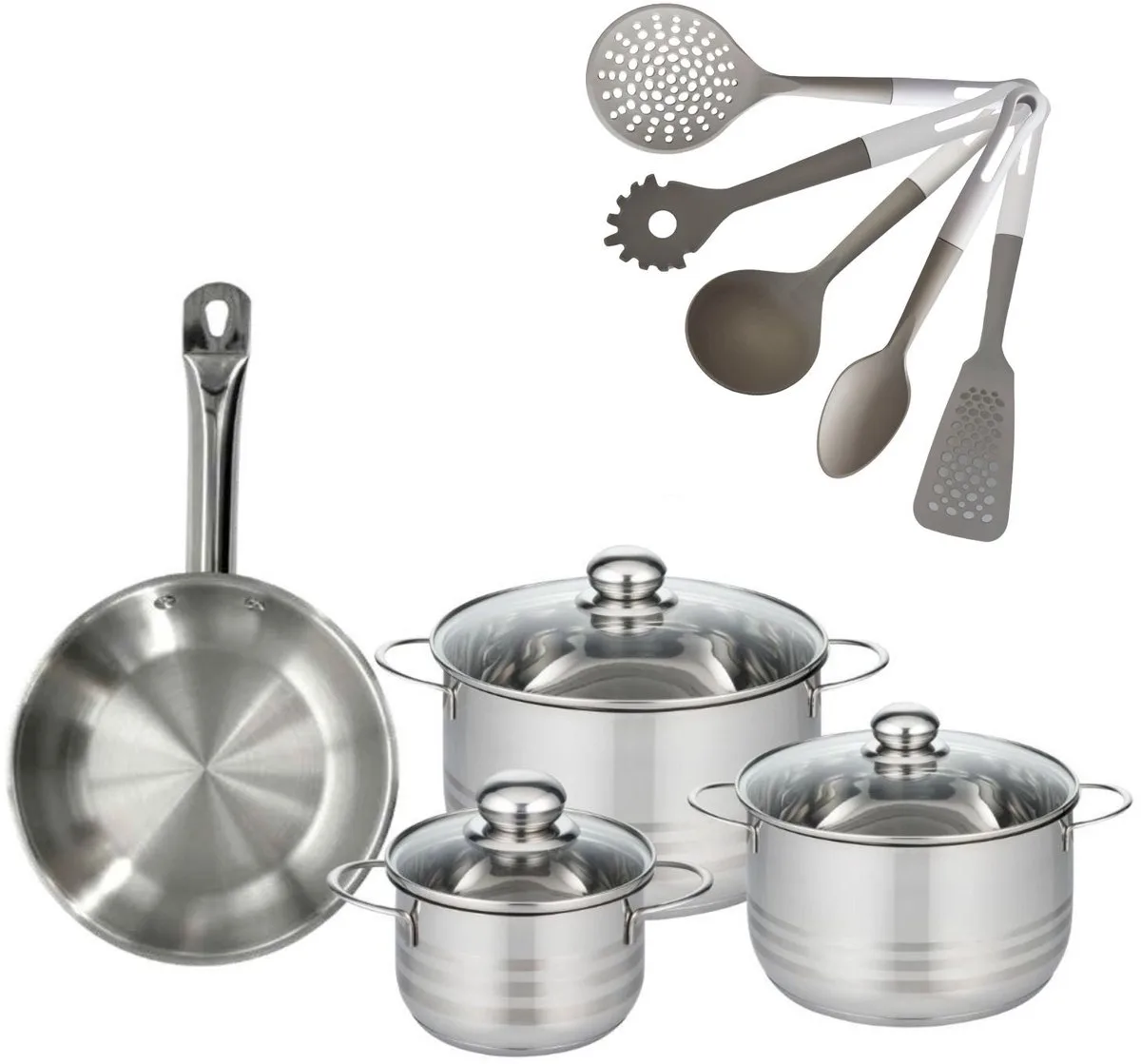 Set Koekenpan 24cm & 3 Kookpotten 16/20/24cm Fackelmann Etherna met 5 Fackelmann keukengerei by Fackelmann in Roestvrij staal – product photo