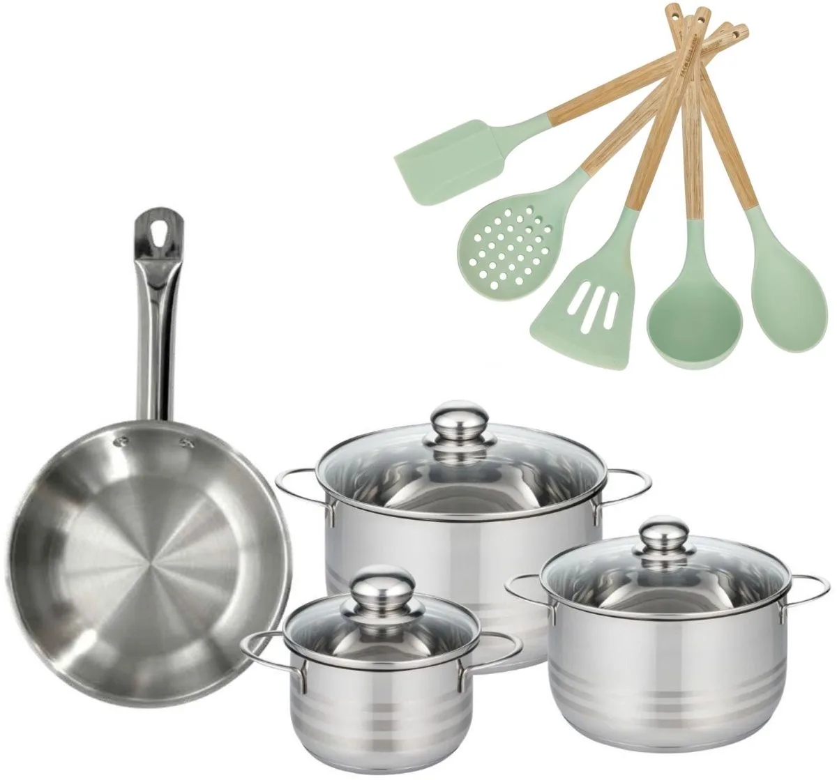 Set Koekenpan 24cm en 3 Kookpannen 16/20/24cm Fackelmann Etherna met 5 keukengerei von Fackelmann in Roestvrij staal – Produktfoto