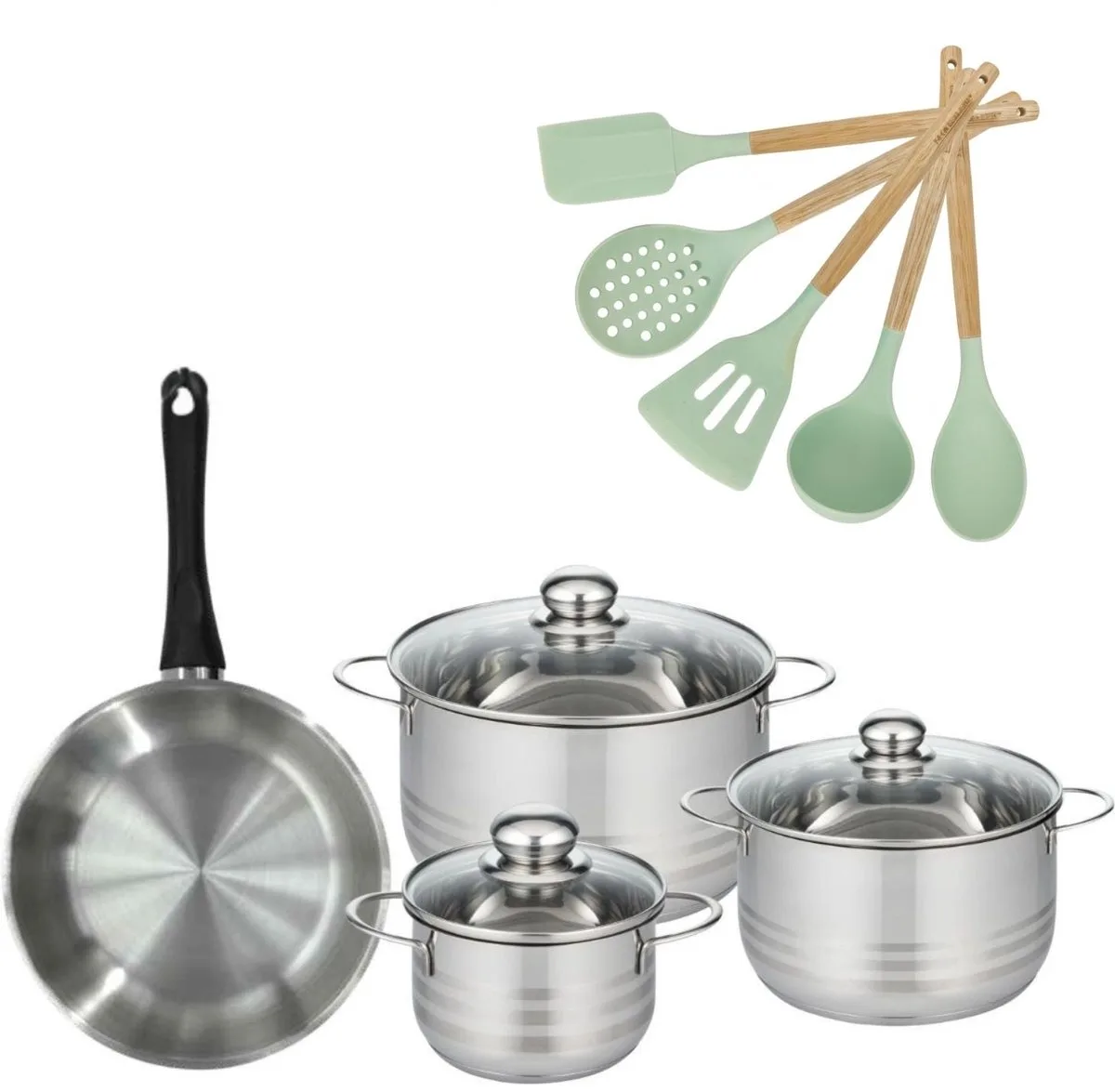Set Koekenpan 24cm en 3 Kookpannen 16/20/24cm Fackelmann Genève met 5 keukengerei de Fackelmann en Roestvrij staal, Noir – photo produit