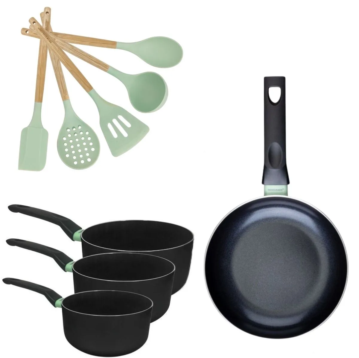 Set Koekenpan 28 cm en 3 Kookpannen 16/18/20 cm Fackelmann Brandao met 5 keukengerei Oceaan von Fackelmann in Schwarz, Grün – Produktfoto
