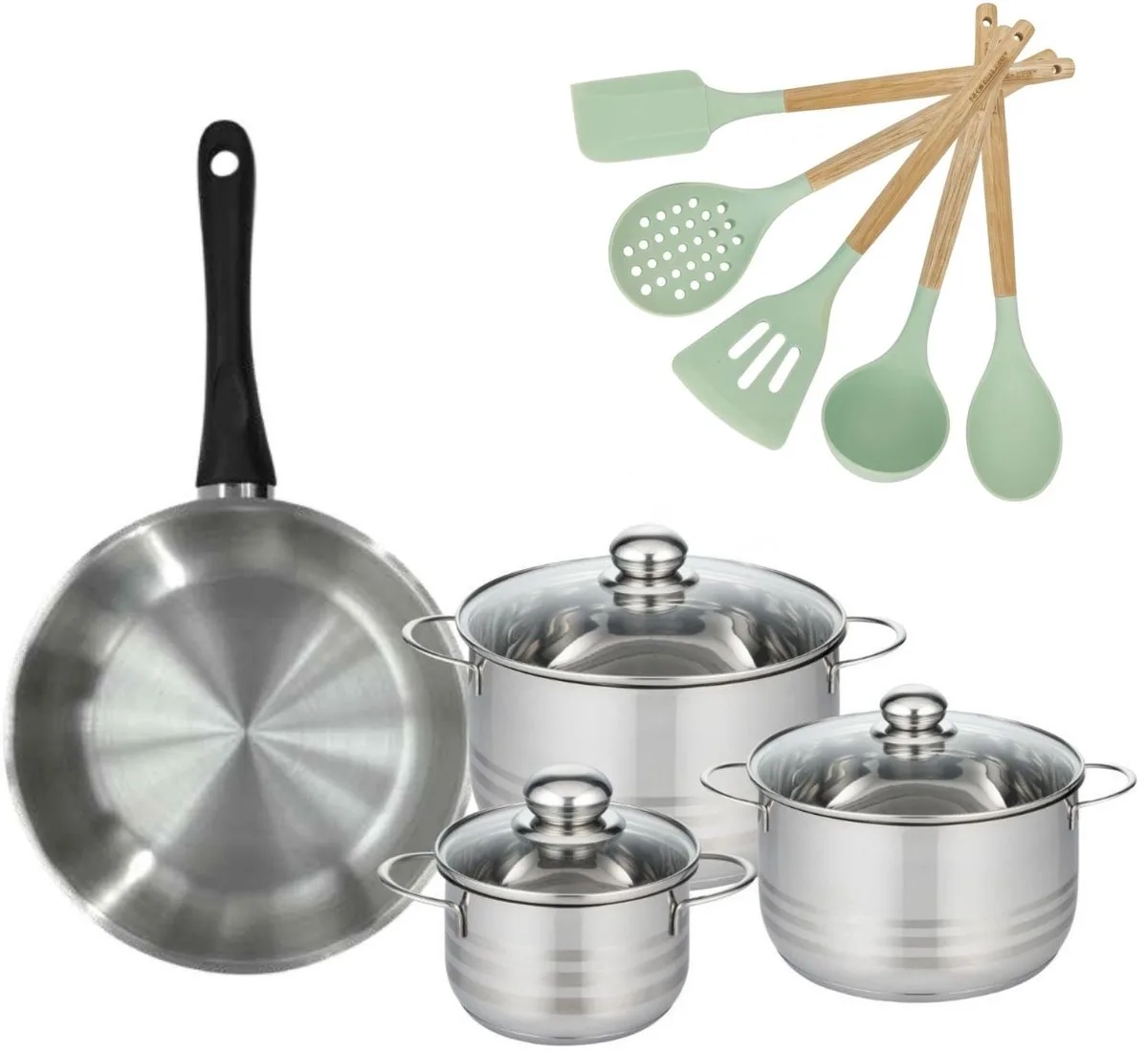 Set Koekenpan 28 cm Fackelmann Genève en 3 Roestvrijstalen Kookpannen 16/20/24 cm en 5 Keukengerei von Fackelmann in Roestvrij staal, Schwarz – Produktfoto