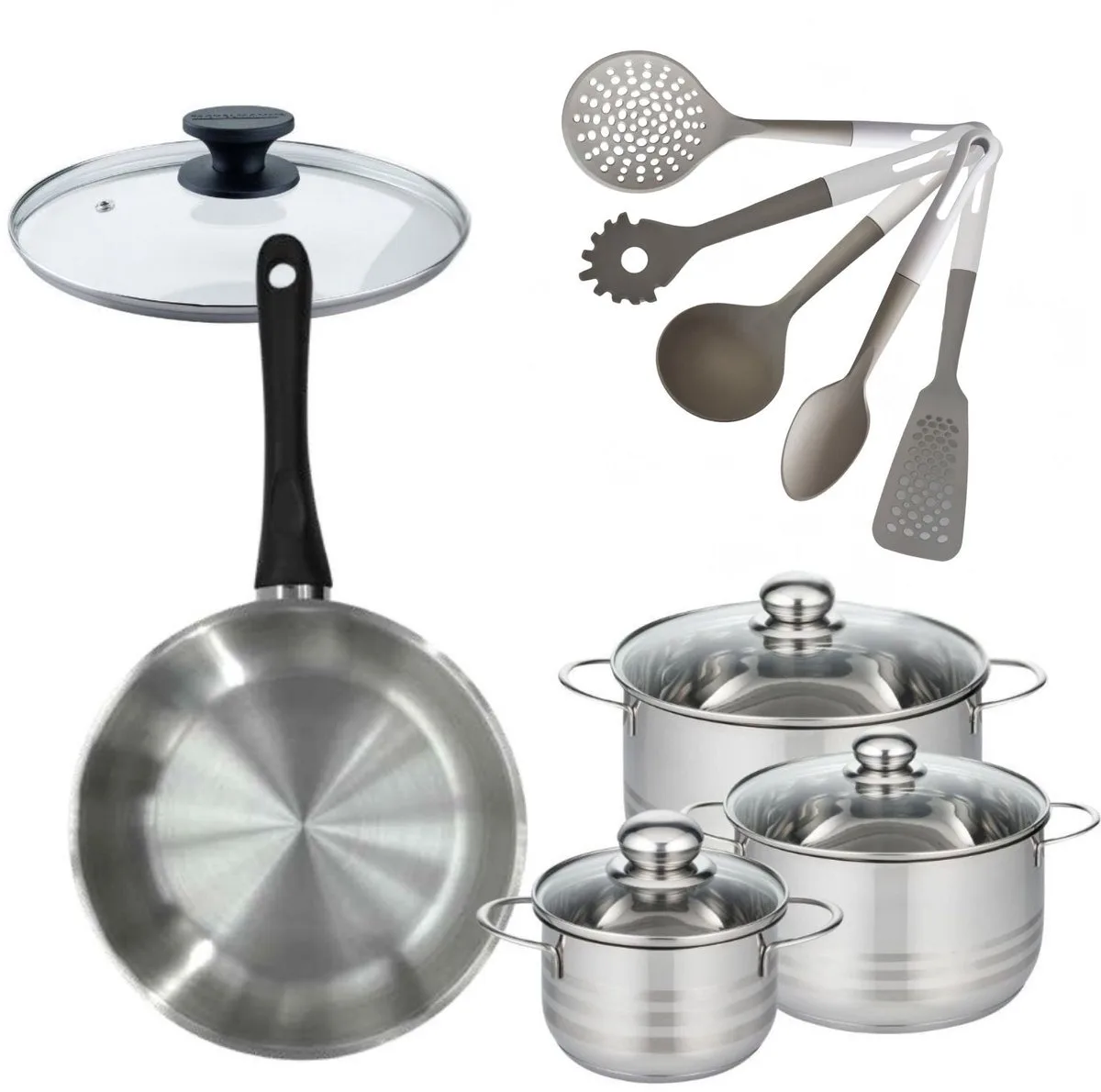 Set Koekenpan 28cm & 3 Kookpannen 16/20/24cm Fackelmann Genève met 6 keukengerei von Fackelmann in Roestvrij staal, Schwarz – Produktfoto