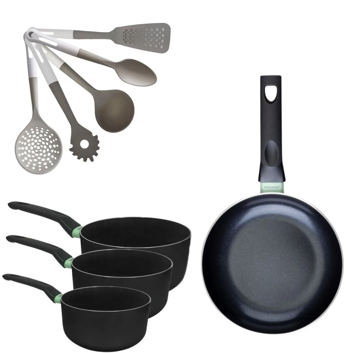Set Koekenpan 28cm en 3 Kookpannen 16/18/20cm Fackelmann Brandao met 5 Vario keukengerei von Fackelmann in Schwarz, Grün – Produktfoto