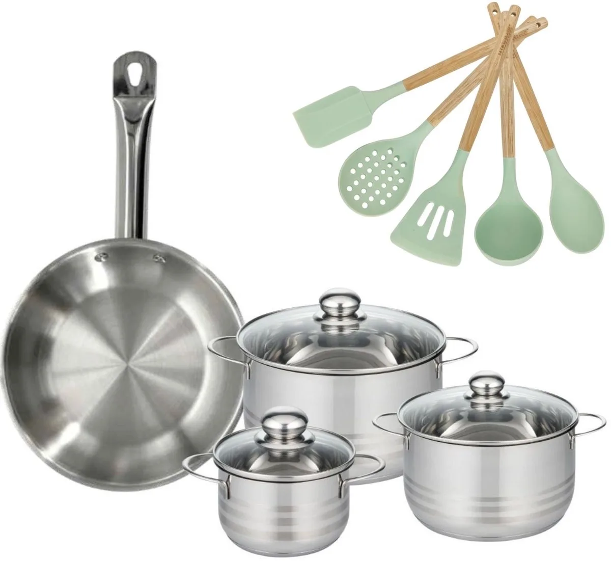 Set Koekenpan 28cm en 3 Kookpannen 16/20/24cm Fackelmann Etherna met 5 keukengerei van Fackelmann in Roestvrij staal – productfoto