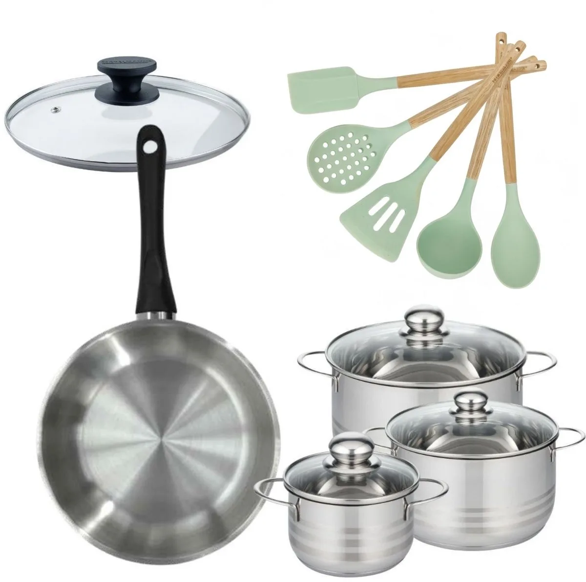 Set Koekenpan 28cm met deksel Fackelmann Genève en 3 Kookpotten 16/20/24cm met 5 keukengerei Oceaan von Fackelmann in Roestvrij staal, Schwarz – Produktfoto