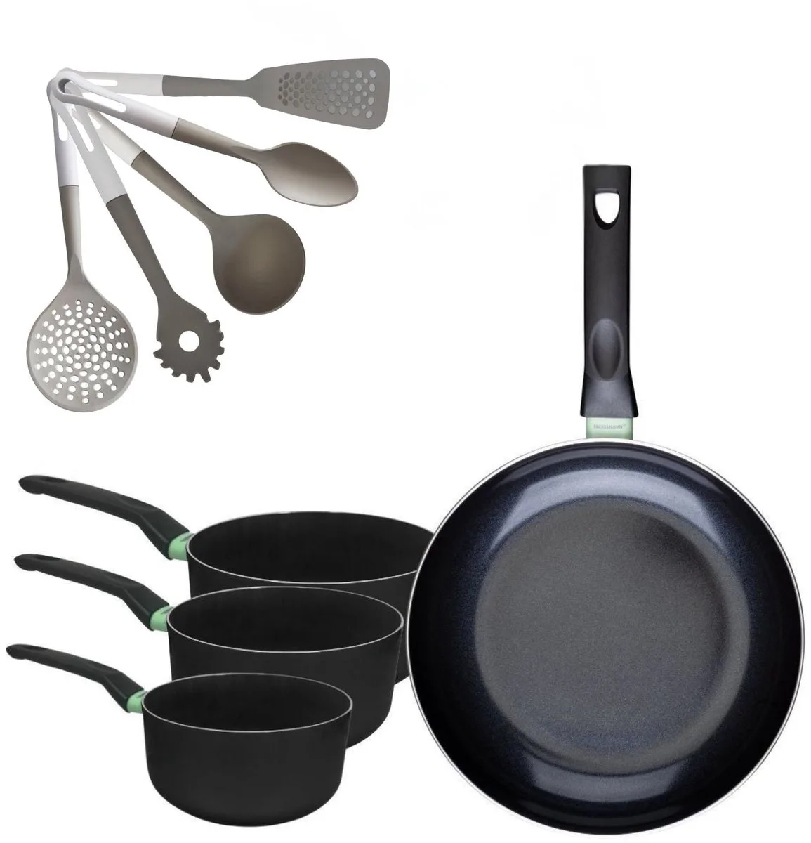 Set Koekenpan 30 cm & 3 Kookpannen 16/18/20 cm Fackelmann Brandao met 5 Vario Keukengerei by Fackelmann in Black, Green – product photo