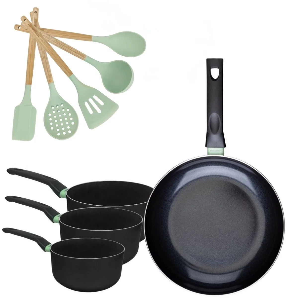 Set Koekenpan 30cm en 3 Kookpannen 16/18/20cm Fackelmann Brandao met 5 keukengerei Oceaan van Fackelmann in Zwart, Groen – productfoto