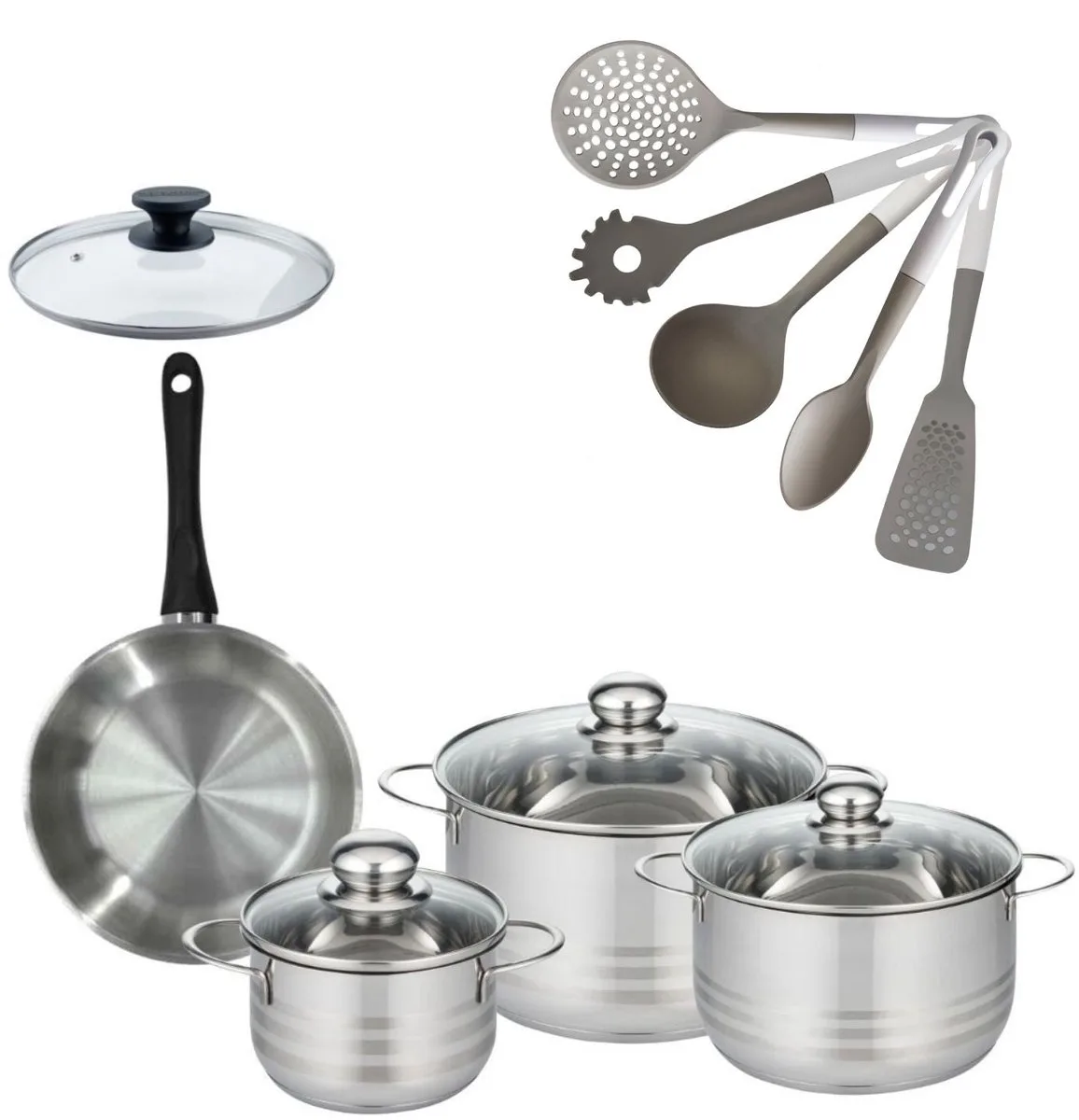 Set Pan 20cm & 3 Kookpotten 16/20/24cm Fackelmann Genève met 6 keukengerei by Fackelmann in Roestvrij staal, Black – product photo