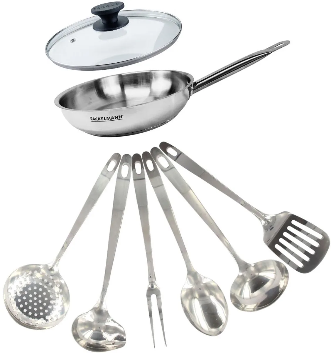 Set pan 24 cm glazen deksel en 6 roestvrijstalen keukengerei Fackelmann Eterna fra Fackelmann i Roestvrij staal – produktbillede