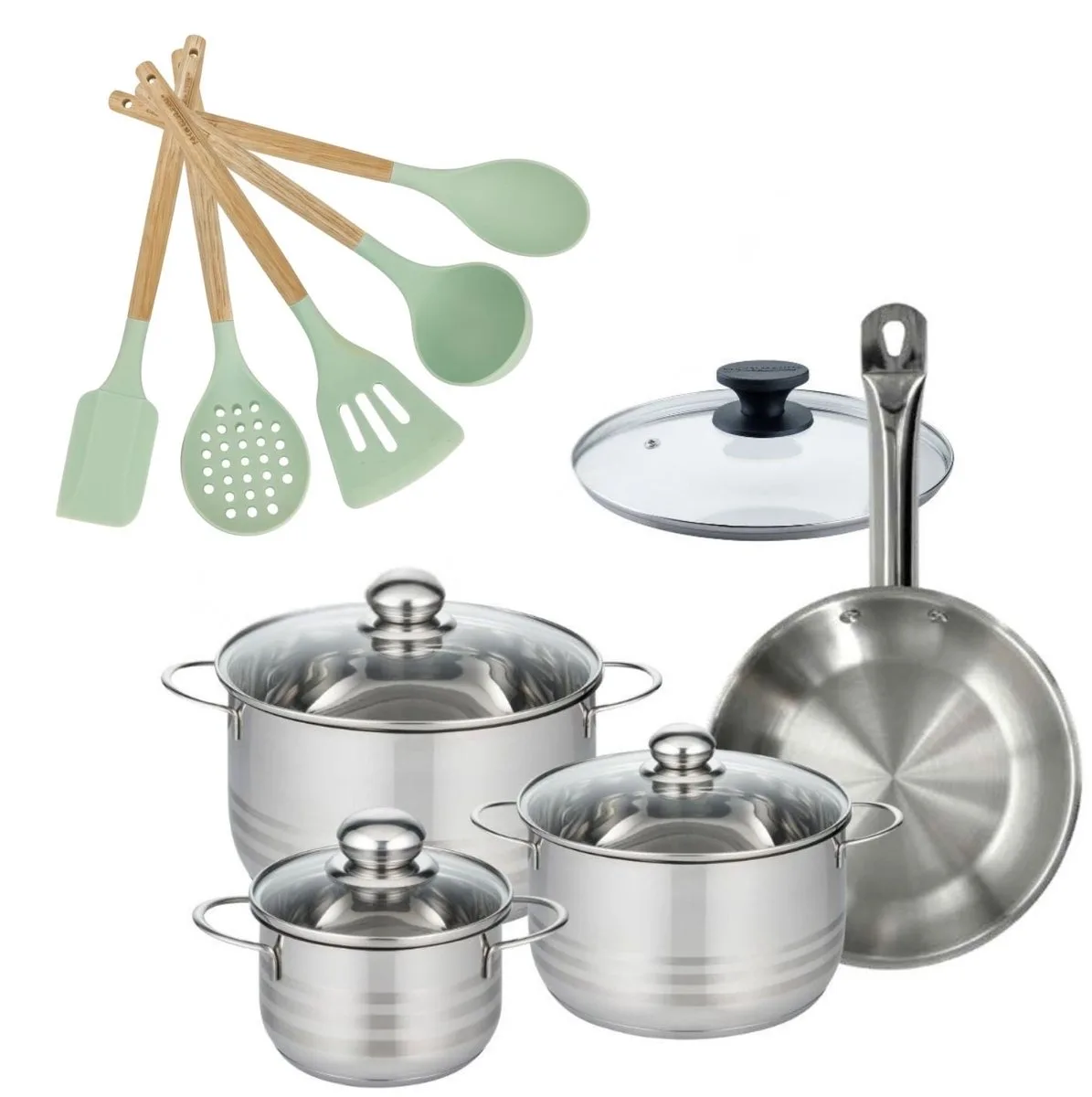 Set Pan 24cm en 3 Kookpotten 16/20/24cm Fackelmann Etherna met 6 keukengerei de Fackelmann en Roestvrij staal – photo produit