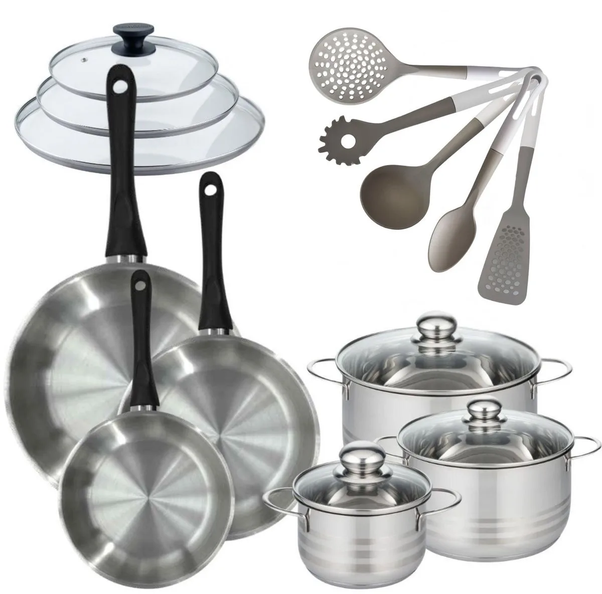 Set Pannen 20/24/28 cm Fackelmann Geneva met 3 Kookpotten 16/20/24 cm en 5 Keukengerei von Fackelmann in Roestvrij staal, Schwarz – Produktfoto