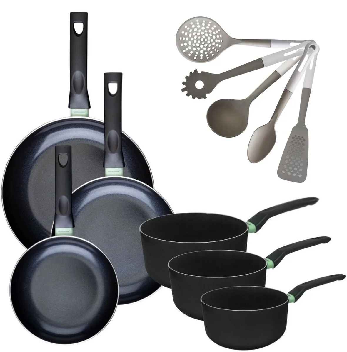 Set Pannen 20/24/28cm en Kookpotten 16/18/20cm Fackelmann Brandao met 5 Vario keukengerei van Fackelmann in Zwart, Groen – productfoto