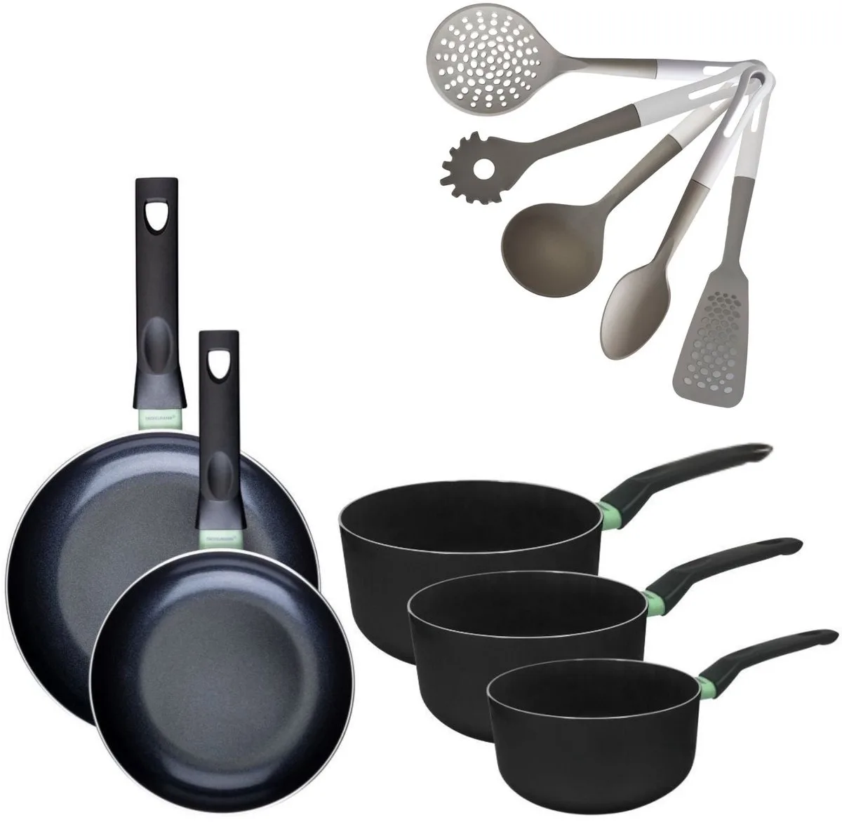 Set Pannen 20/24cm & Kookpannen 16/18/20cm Fackelmann Brandao met 5 Vario keukengerei fra Fackelmann i Sort, Grøn – produktbillede