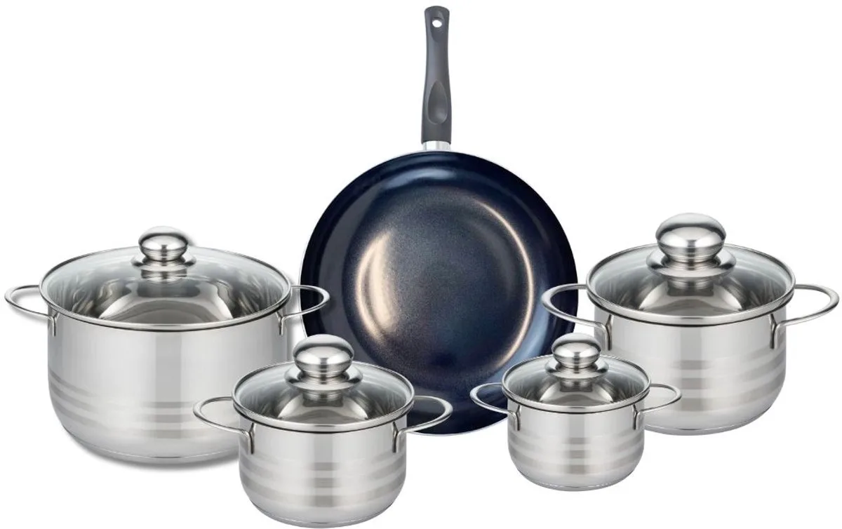 Set van 1 Koekenpan 24 cm en 4 kookpotten 12, 14, 16 en 20 cm Elo Prima Glanzend van Fackelmann in Zwart – productfoto