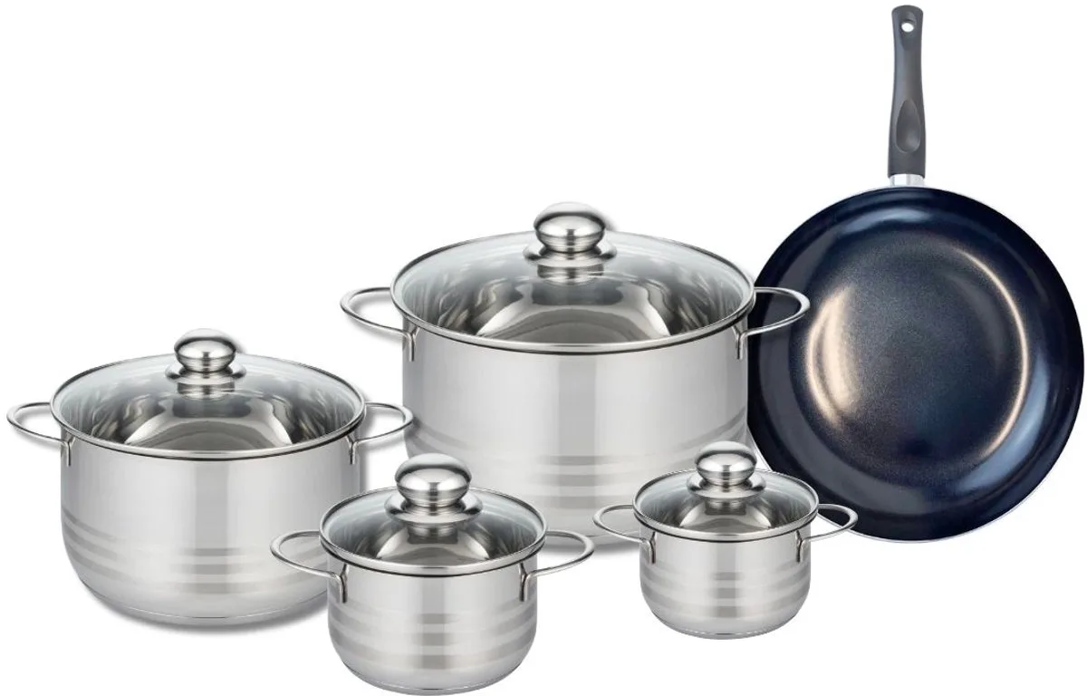 Set van 1 Koekenpan 24 cm en 4 kookpotten 12, 14, 20 en 24 cm Elo Prima Glanzend von Fackelmann in Schwarz – Produktfoto