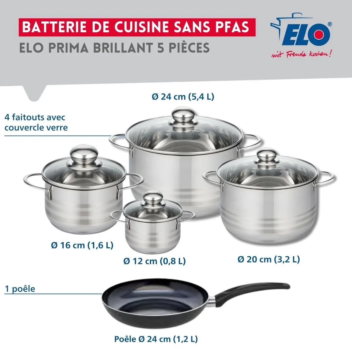 Set van 1 Koekenpan 24 cm en 4 kookpotten 12, 16, 20 en 24 cm Elo Prima Brillant de Fackelmann en Noir – photo produit