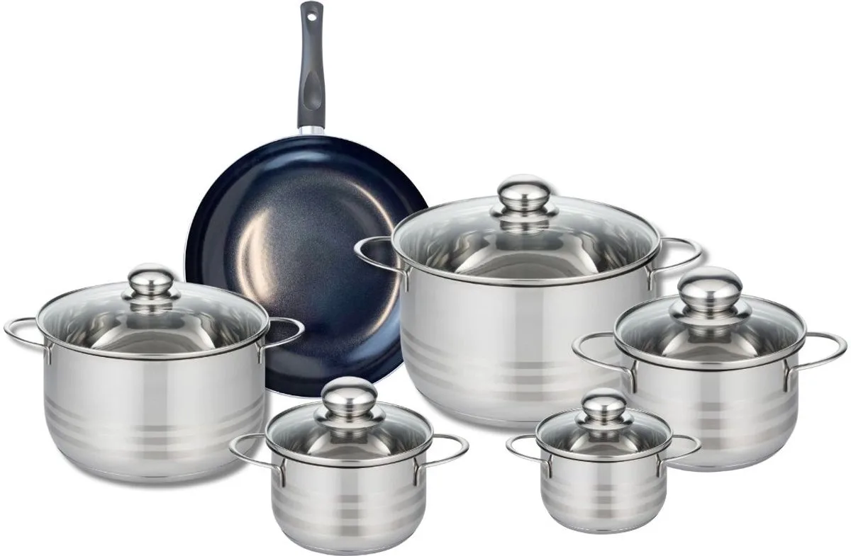Set van 1 Koekenpan 24 cm en 5 kookpotten 12, 14, 16, 20 en 24 cm Elo Prima Glanzend van Fackelmann in Zwart – productfoto