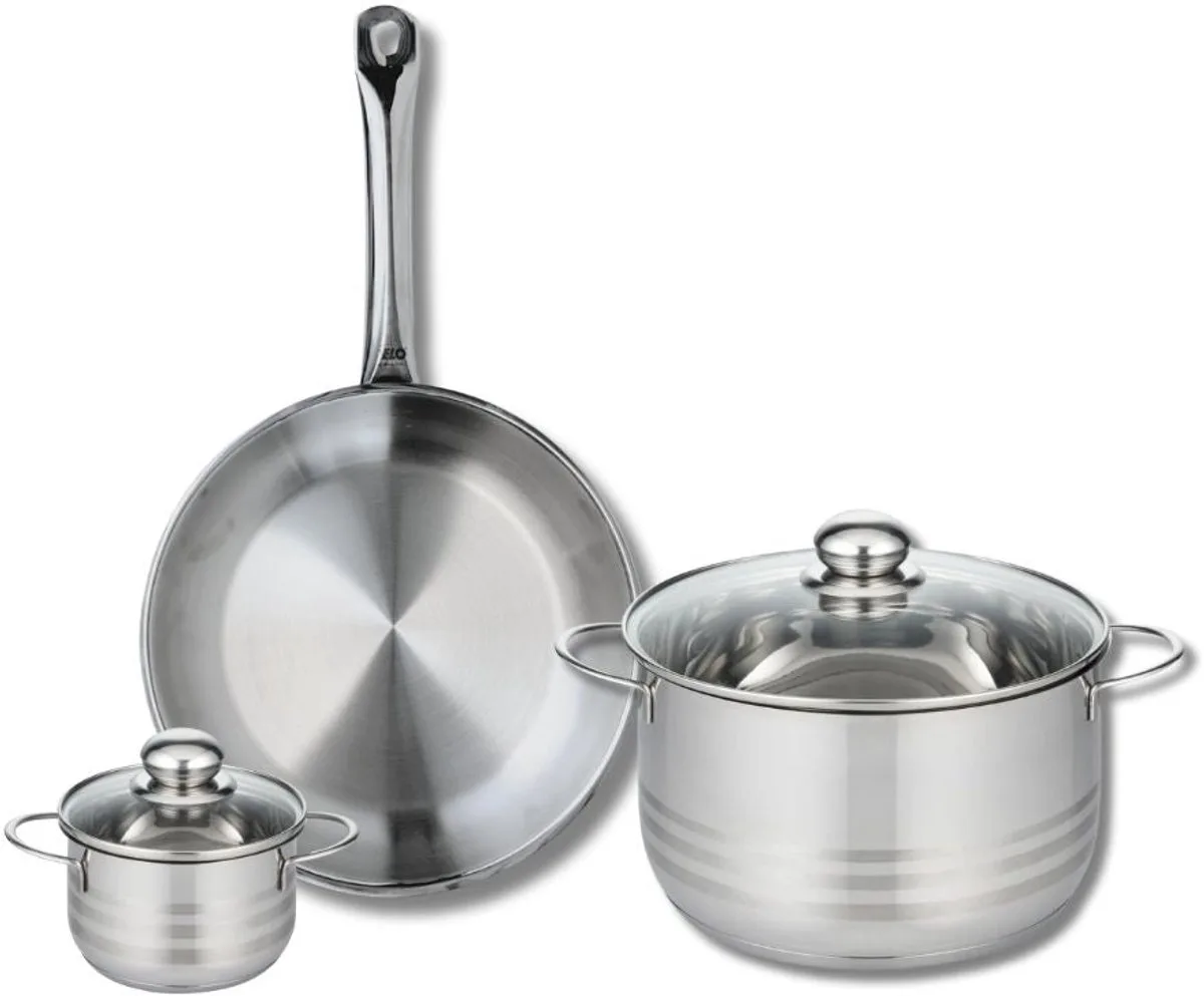 Set van 1 Koekenpan 28 cm en 2 kookpotten 12 en 24 cm Elo Profi Brillant van Fackelmann in Roestvrij staal – productfoto