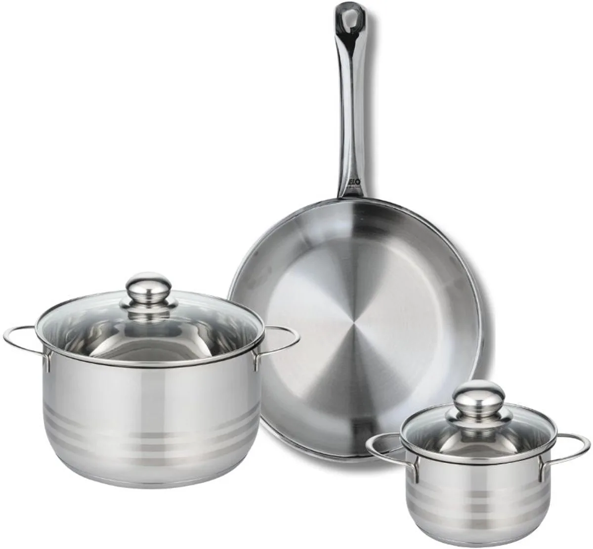 Set van 1 Koekenpan 28 cm en 2 kookpotten 14 en 20 cm Elo Profi Brillant van Fackelmann in Roestvrij staal – productfoto