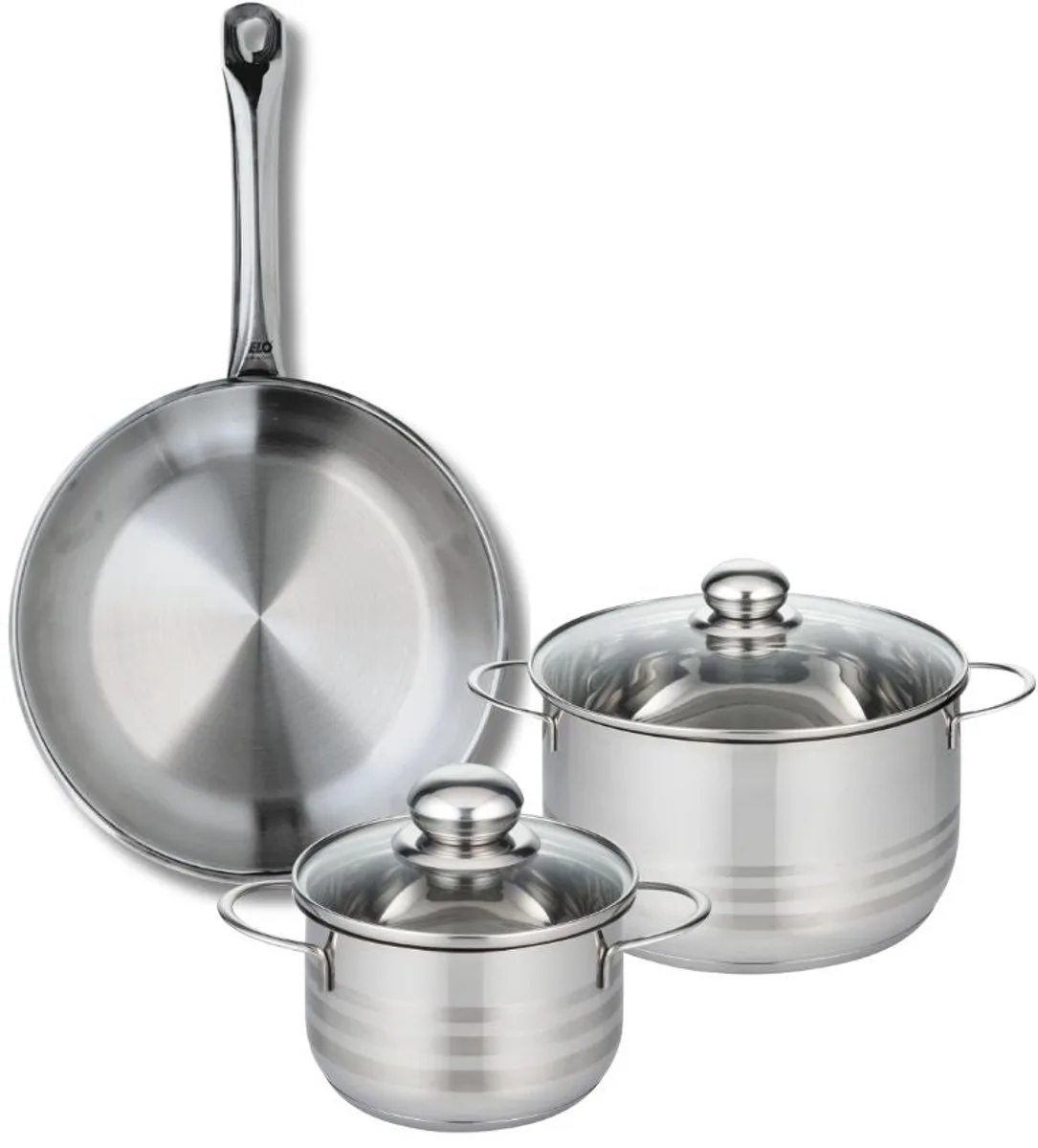 Set van 1 Koekenpan 28 cm en 2 kookpotten 16 en 20 cm Elo Profi Brillant von Fackelmann in Roestvrij staal – Produktfoto