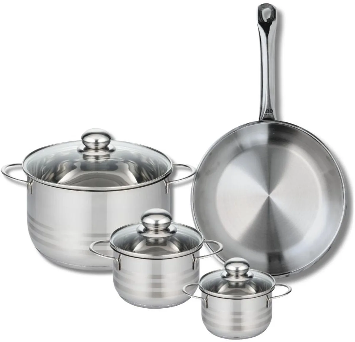 Set van 1 Koekenpan 28 cm en 3 kookpotten 12, 14 en 24 cm Elo Profi Brillant van Fackelmann in Roestvrij staal – productfoto