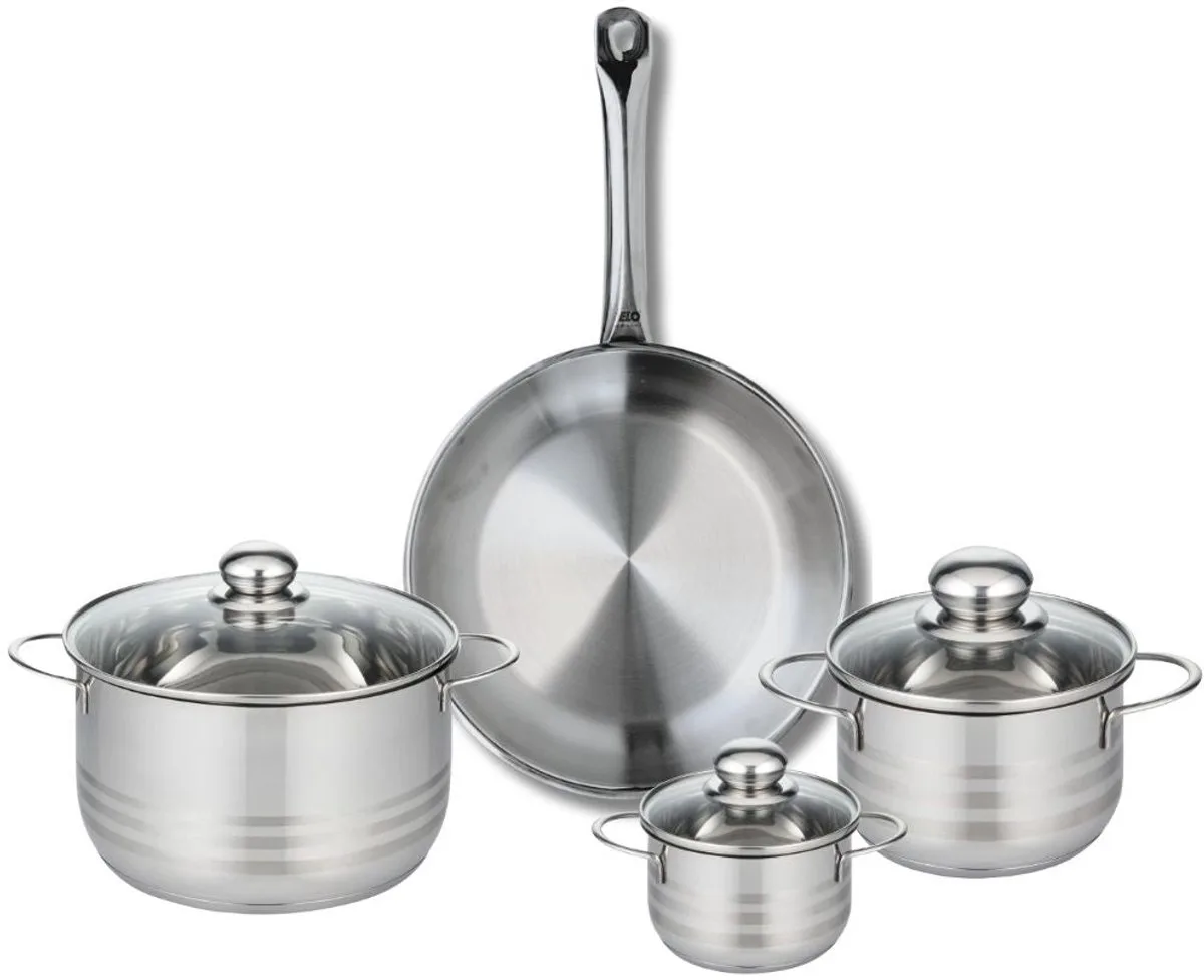 Set van 1 Koekenpan 28 cm en 3 kookpotten 12, 16 en 20 cm Elo Profi Brillant van Fackelmann in Roestvrij staal – productfoto