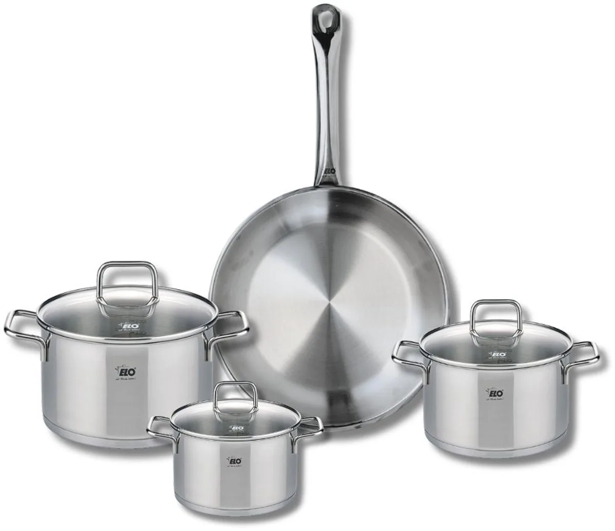 Set van 1 Koekenpan 28 cm en 3 kookpotten 14, 16 en 20 cm Elo Profi Citrin van Fackelmann in Roestvrij staal – productfoto