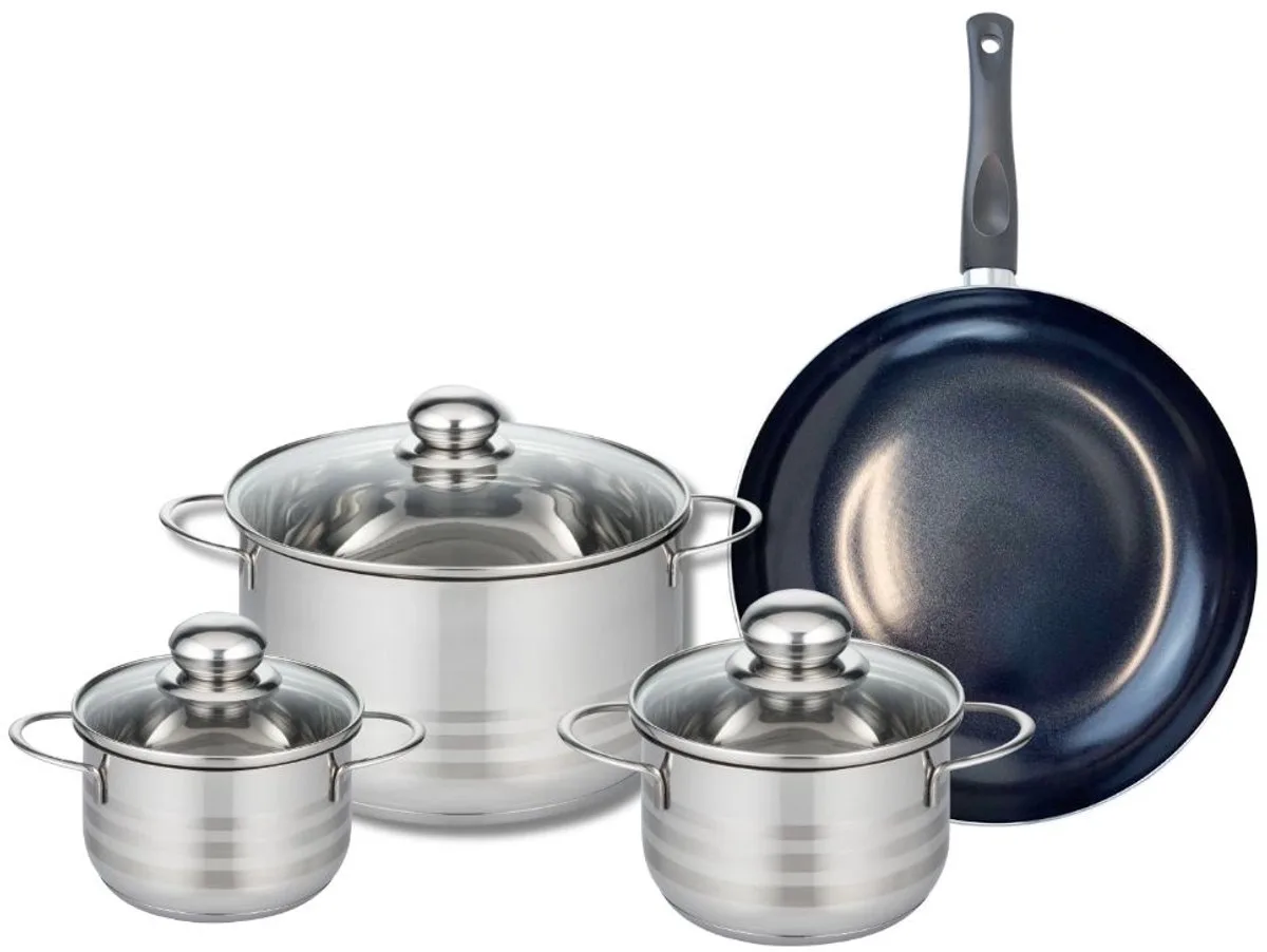 Set van 1 Koekenpan 28 cm en 3 kookpotten 14, 16 en 24 cm Elo Prima Glanzend von Fackelmann in Schwarz – Produktfoto