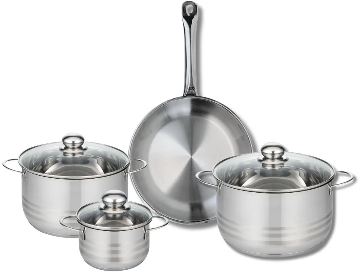 Set van 1 Koekenpan 28 cm en 3 kookpotten 14, 20 en 24 cm Elo Profi Brillant van Fackelmann in Roestvrij staal – productfoto
