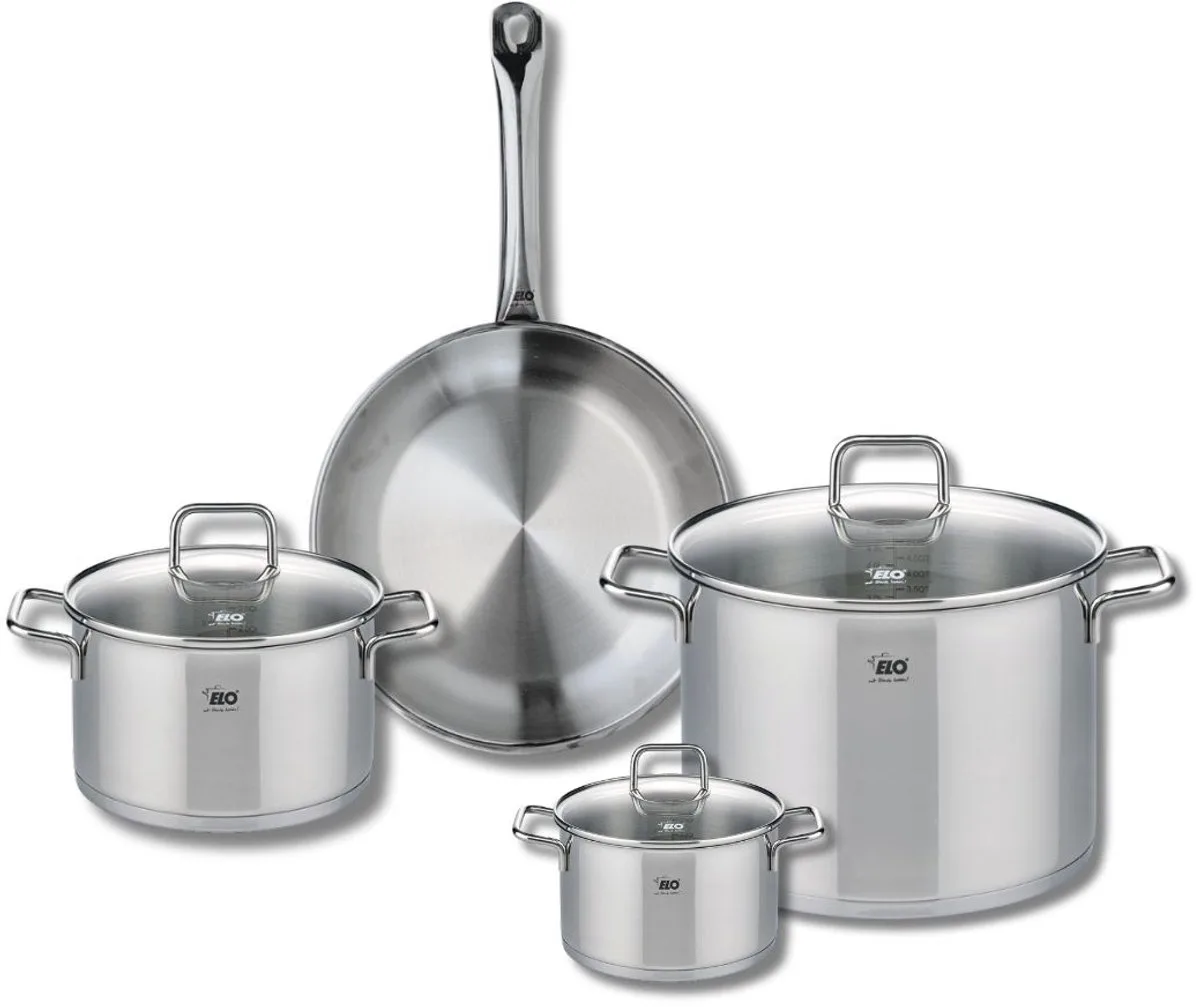Set van 1 Koekenpan 28 cm en 3 kookpotten 14, 20 en 26 cm Elo Profi Citrin van Fackelmann in Roestvrij staal – productfoto