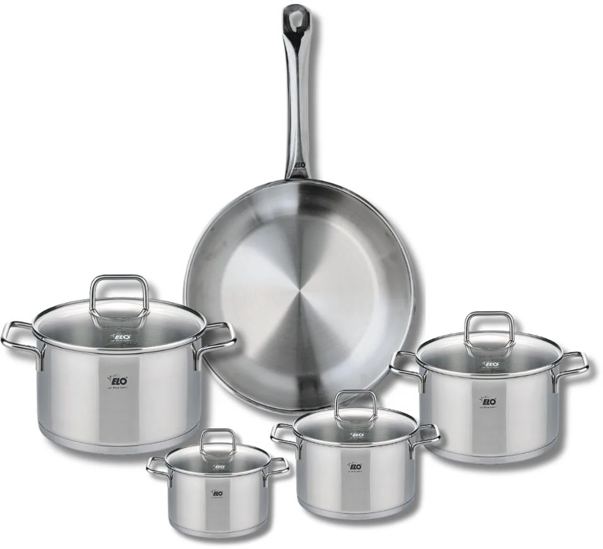 Set van 1 Koekenpan 28 cm en 4 kookpotten 12, 14, 16 en 20 cm Elo Profi Citrin van Fackelmann in Roestvrij staal – productfoto