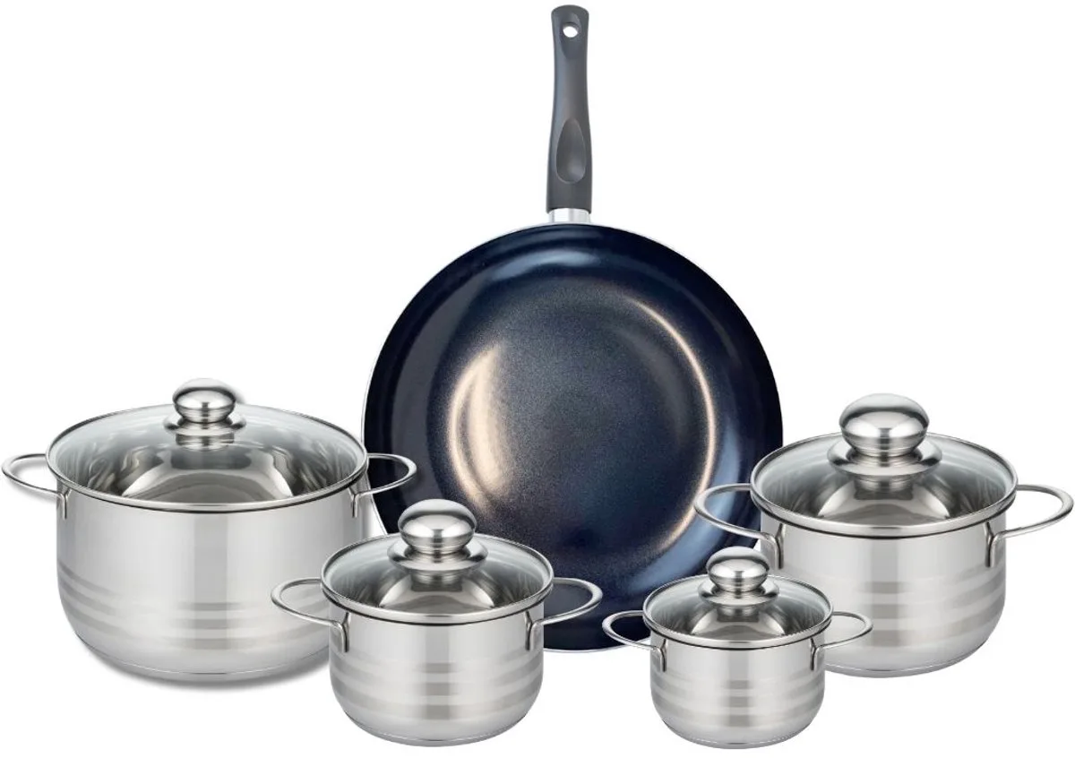 Set van 1 Koekenpan 28 cm en 4 kookpotten 12, 14, 16 en 20 cm Elo Prima Glanzend från Fackelmann i Svart – produktbild