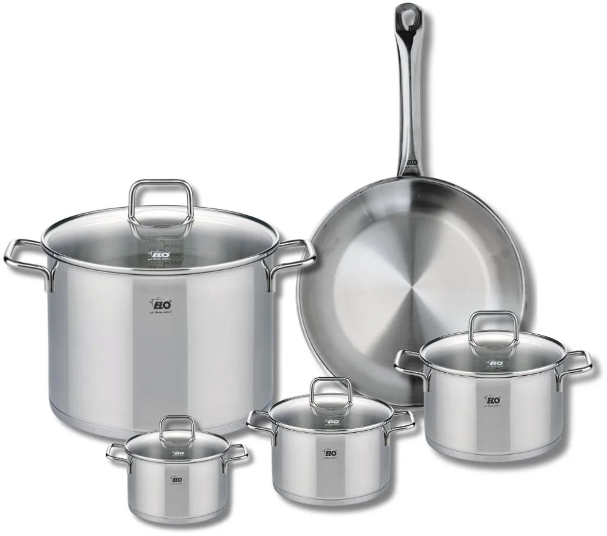 Set van 1 Koekenpan 28 cm en 4 kookpotten 12, 14, 16 en 26 cm Elo Profi Citrin från Fackelmann i Roestvrij staal – produktbild