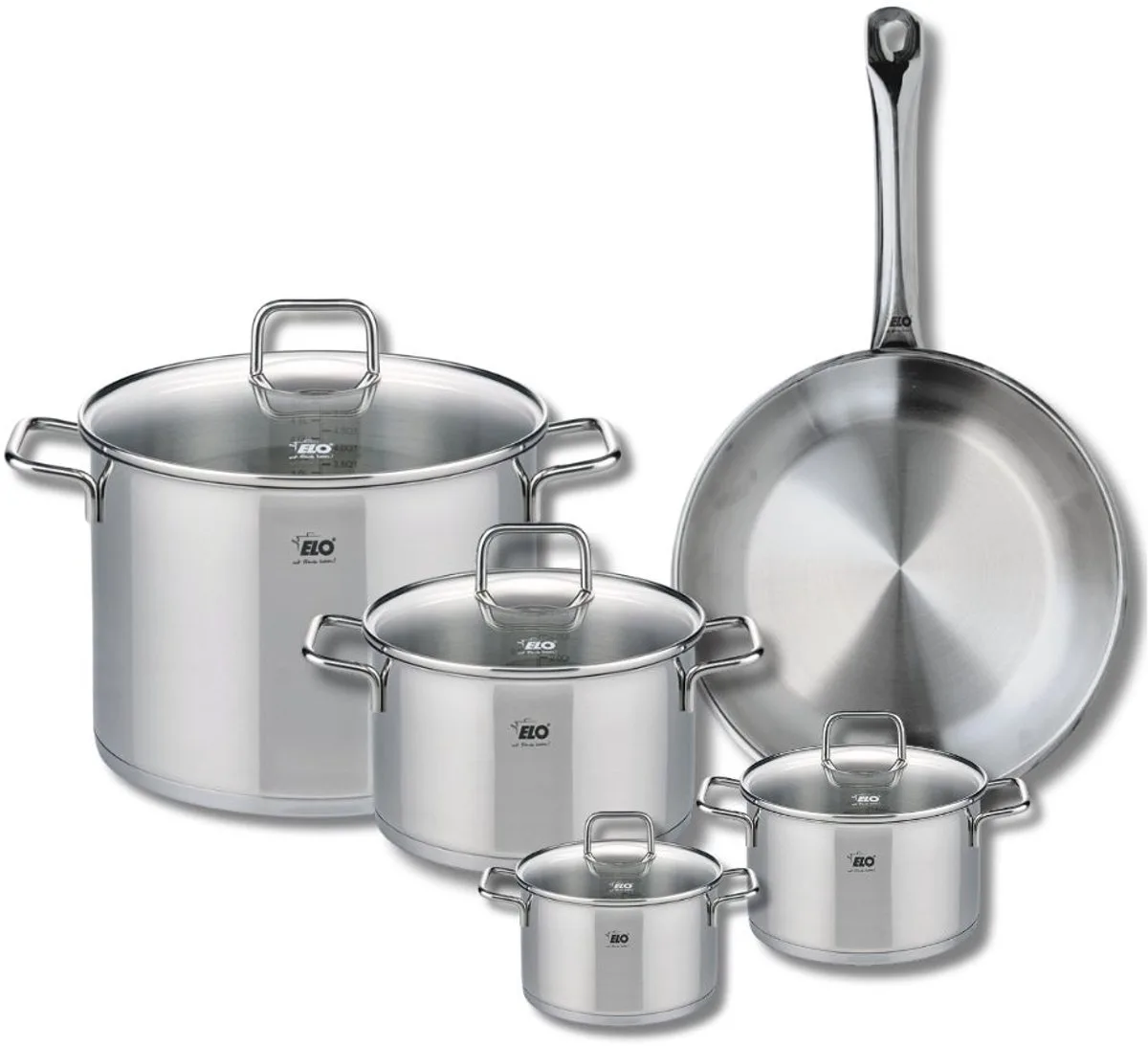 Set van 1 Koekenpan 28 cm en 4 kookpotten 12, 14, 20 en 26 cm Elo Profi Citrin från Fackelmann i Roestvrij staal – produktbild