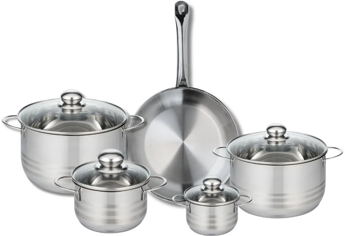 Set van 1 Koekenpan 28 cm en 4 kookpotten 12, 16, 20 en 24 cm Elo Profi Brillant från Fackelmann i Roestvrij staal – produktbild