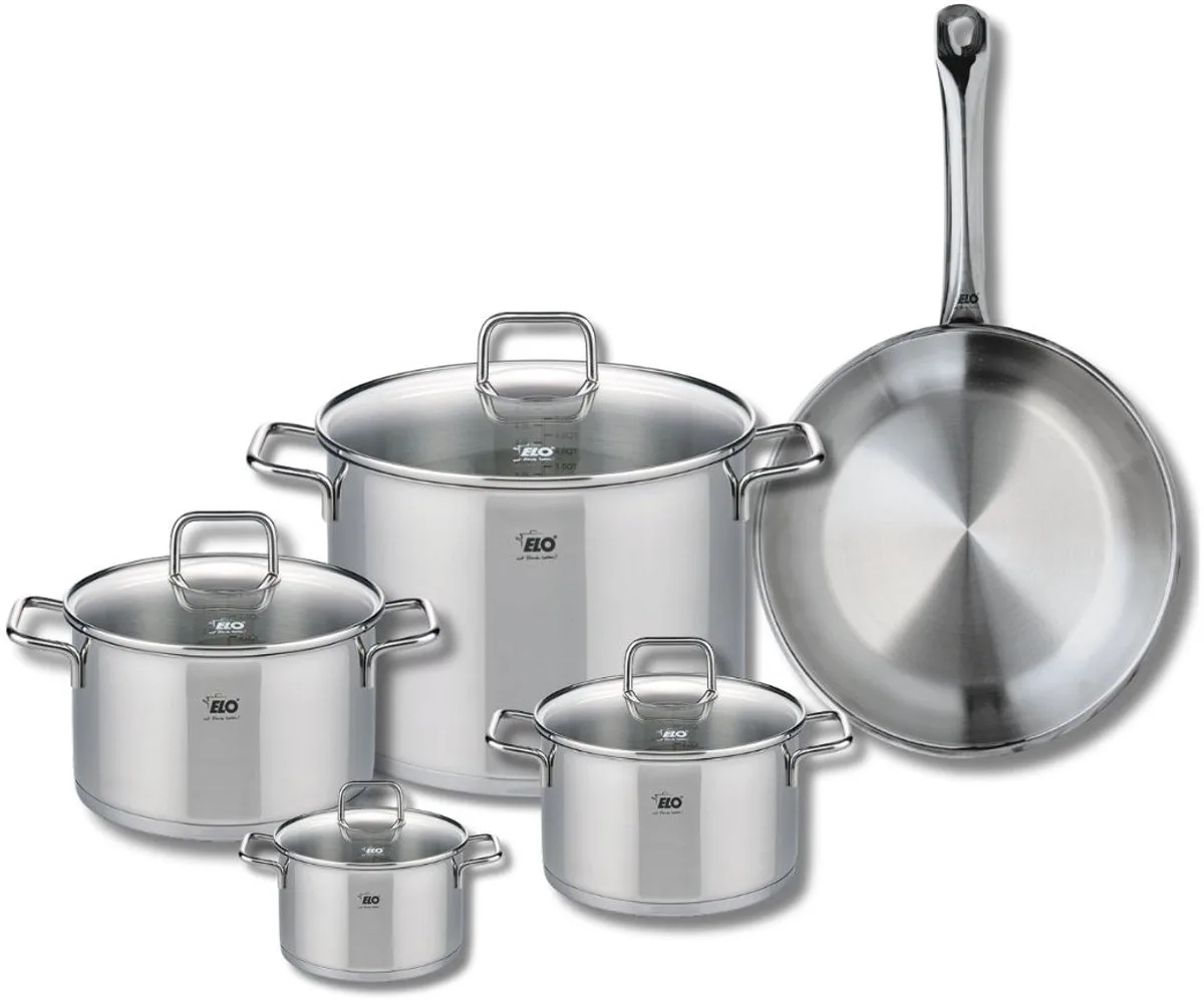 Set van 1 Koekenpan 28 cm en 4 kookpotten 12, 16, 20 en 26 cm Elo Profi Citrin från Fackelmann i Roestvrij staal – produktbild