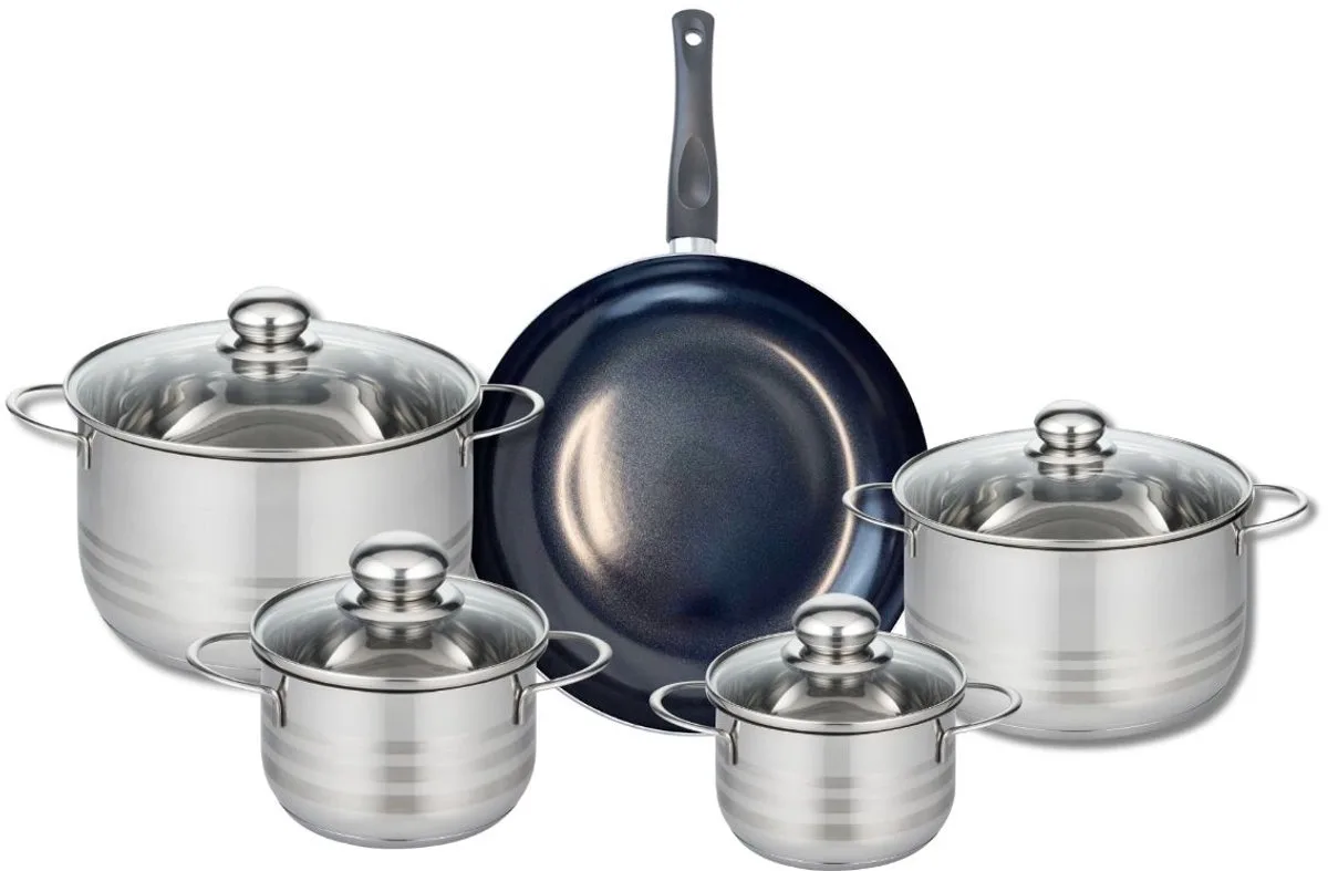 Set van 1 Koekenpan 28 cm en 4 kookpotten 14, 16, 20 en 24 cm Elo Prima Glanzend van Fackelmann in Zwart – productfoto