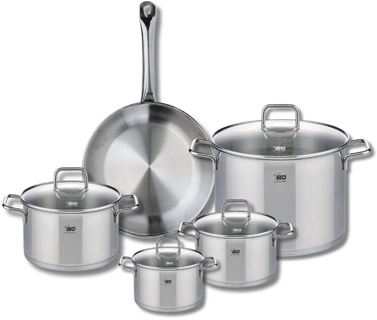 Set van 1 Koekenpan 28 cm en 4 kookpotten 14, 16, 20 en 26 cm Elo Profi Citrin van Fackelmann in Roestvrij staal – productfoto