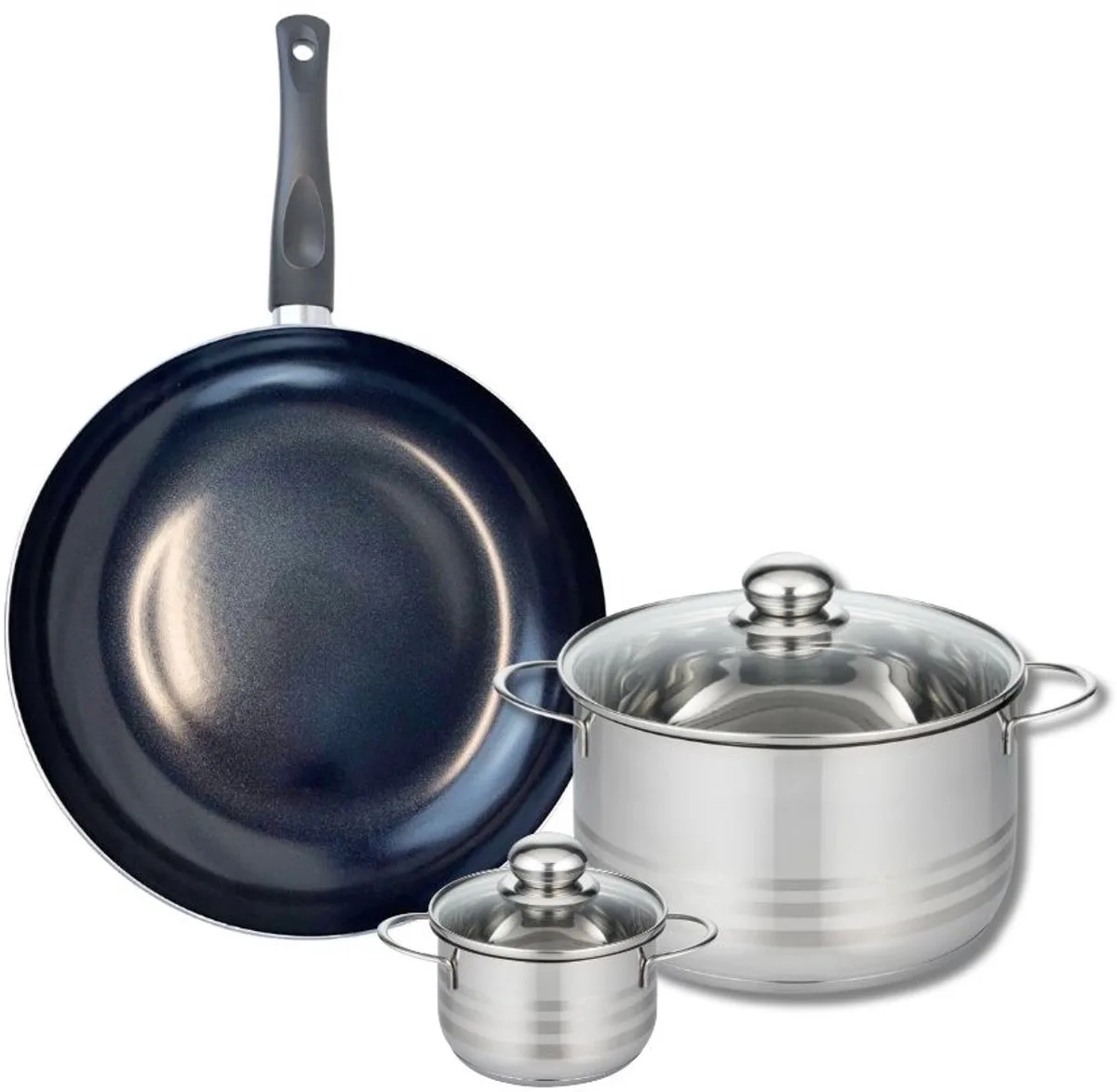 Set van 1 Koekenpan 32 cm en 2 braadpannen 12 en 24 cm Elo Prima Glanzend van Fackelmann in Zwart – productfoto