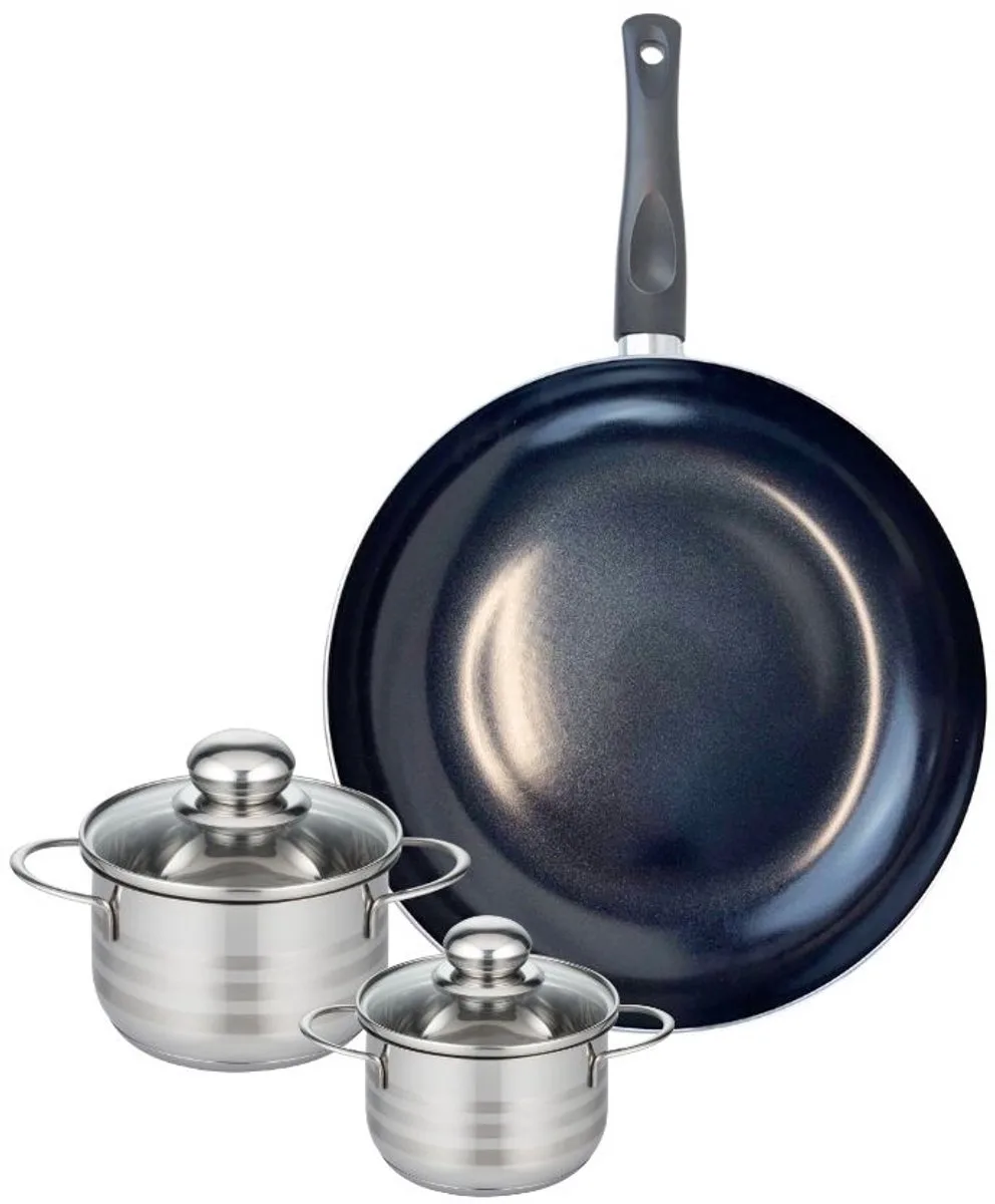 Set van 1 Koekenpan 32 cm en 2 kookpotten 12 en 14 cm Elo Prima Glanzend von Fackelmann in Schwarz – Produktfoto