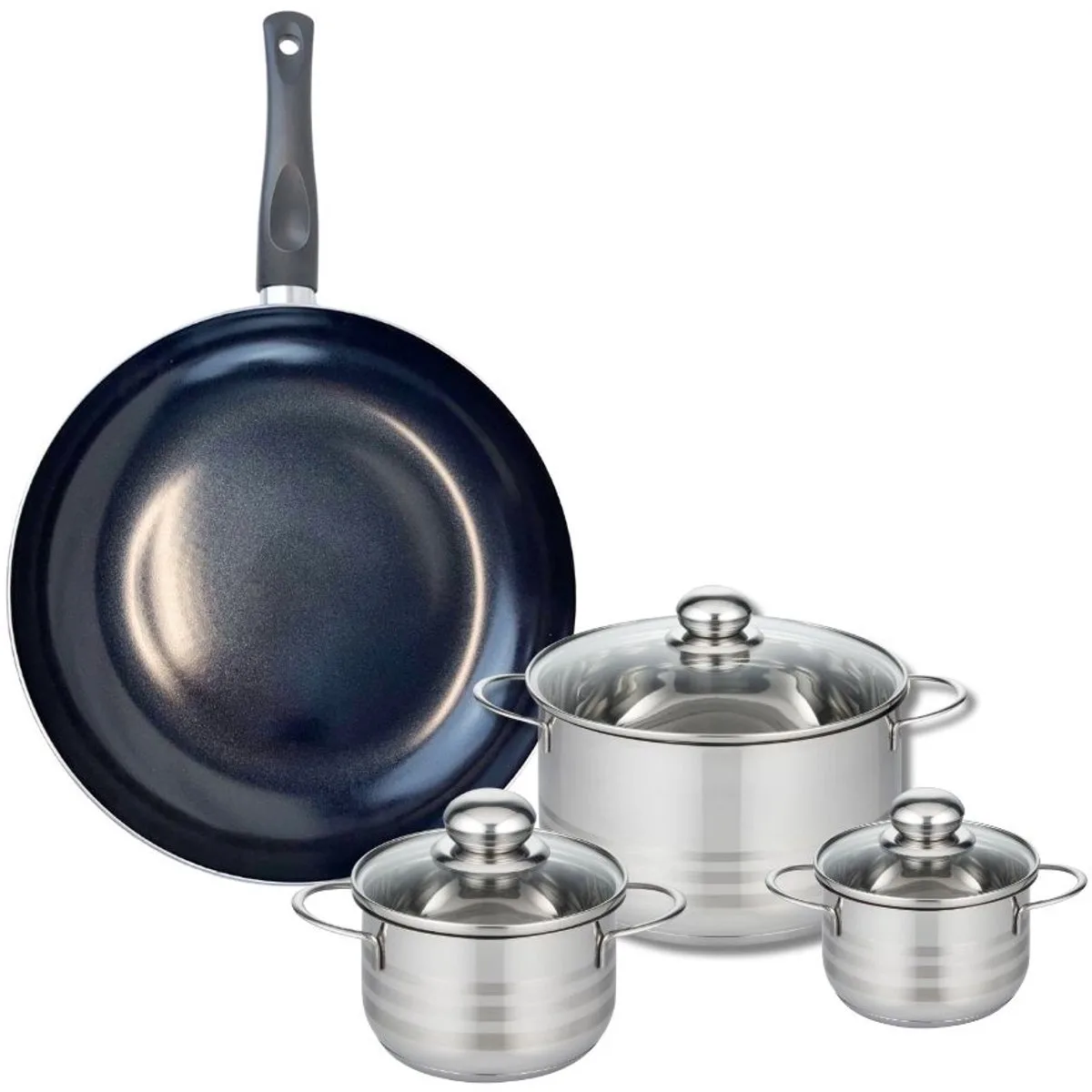 Set van 1 Koekenpan 32 cm en 3 kookpotten 12, 14 en 20 cm Elo Prima Glanzend van Fackelmann in Zwart – productfoto