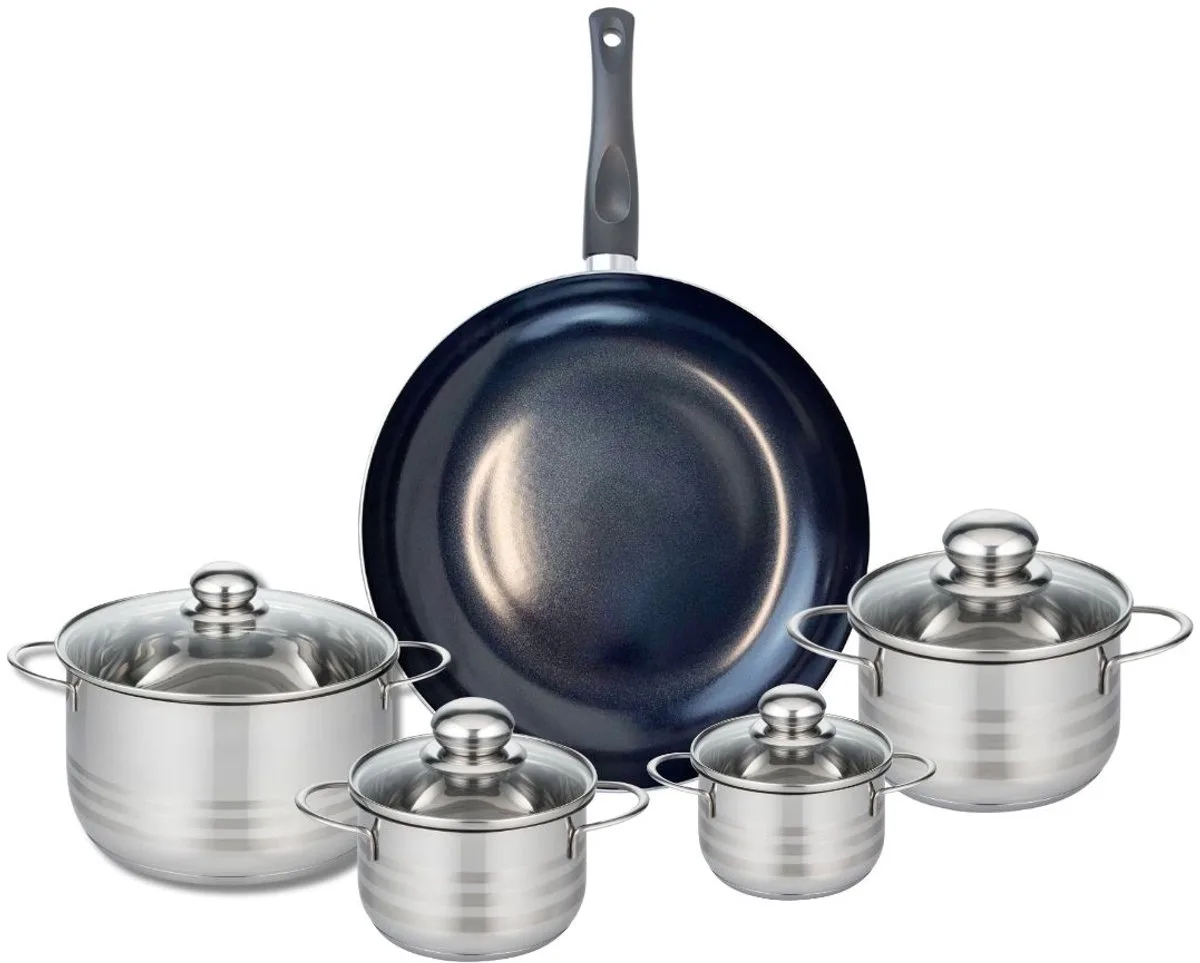 Set van 1 Koekenpan 32 cm en 4 kookpotten 12, 14, 16 en 20 cm Elo Prima Glanzend by Fackelmann in Black – product photo