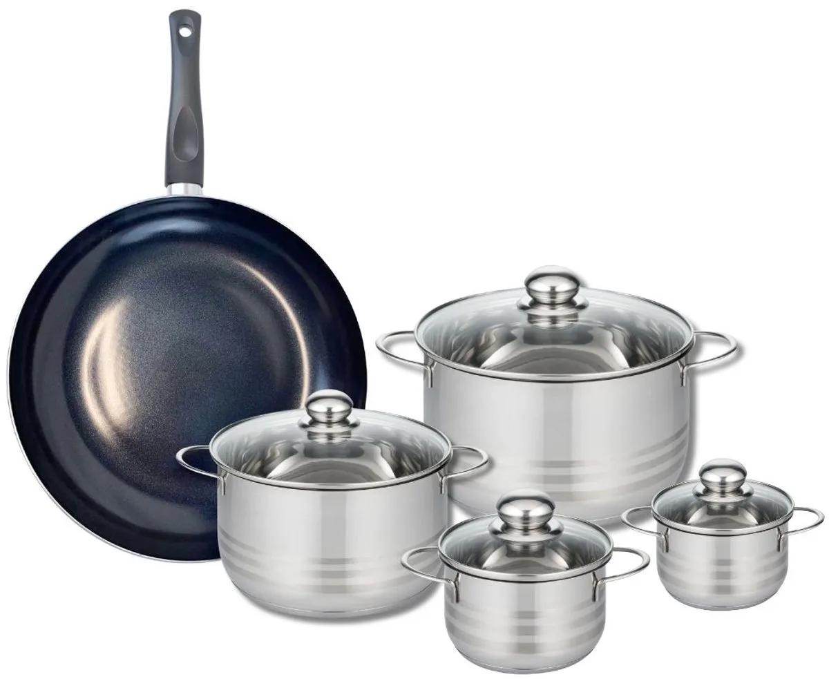 Set van 1 Koekenpan 32 cm en 4 kookpotten 12, 14, 20 en 24 cm Elo Prima Glanzend von Fackelmann in Schwarz – Produktfoto