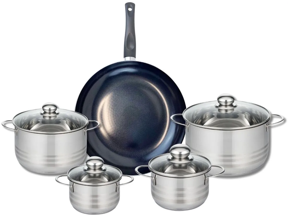Set van 1 Koekenpan 32 cm en 4 kookpotten 14, 16, 20 en 24 cm Elo Prima Glanzend von Fackelmann in Schwarz – Produktfoto