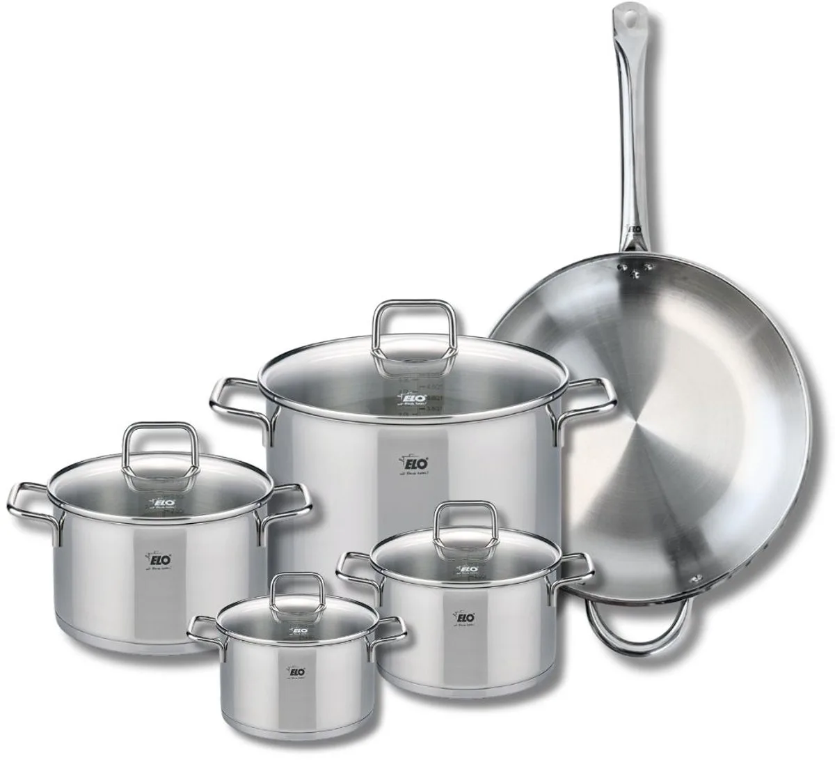Set van 1 Koekenpan 32 cm en 4 kookpotten 14, 16, 20 en 26 cm Elo Profi Citrin van Fackelmann in Grijs – productfoto