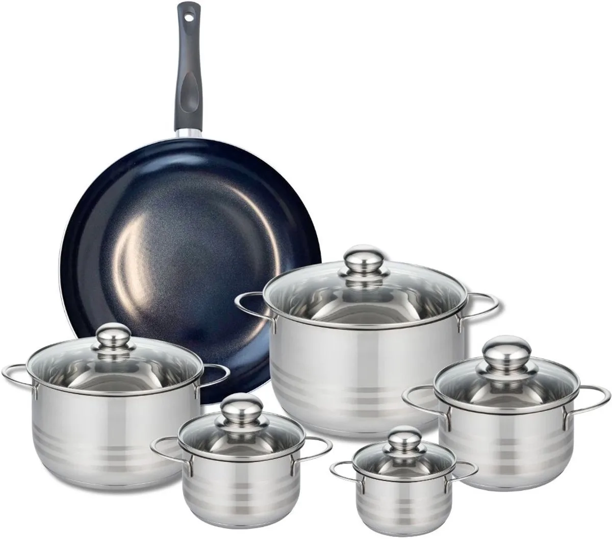 Set van 1 Koekenpan 32 cm en 5 kookpotten 12, 14, 16, 20 en 24 cm Elo Prima Glanzend fra Fackelmann i Sort – produktbillede